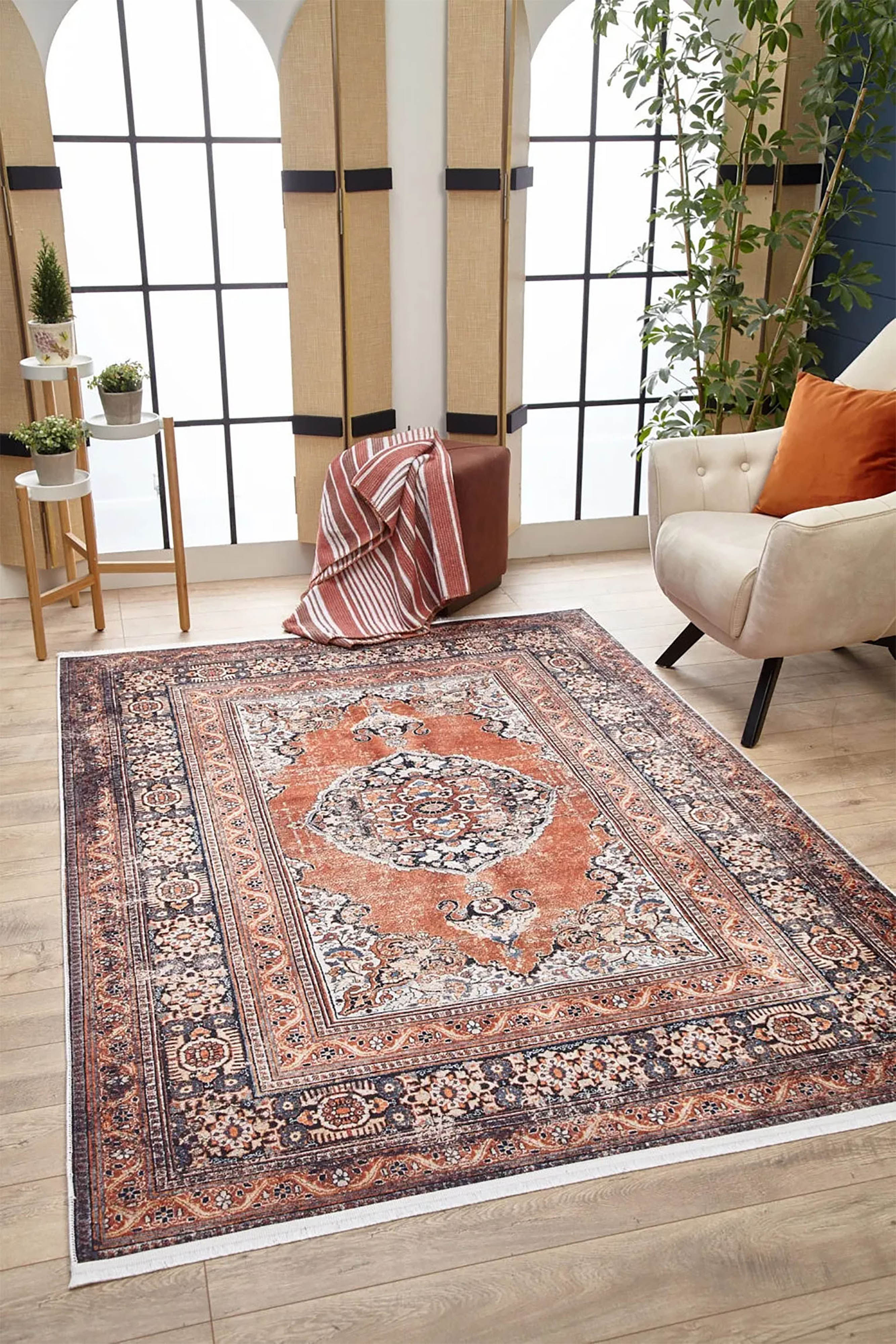 Gaye Turkish Orange Medallion Geometric Rug