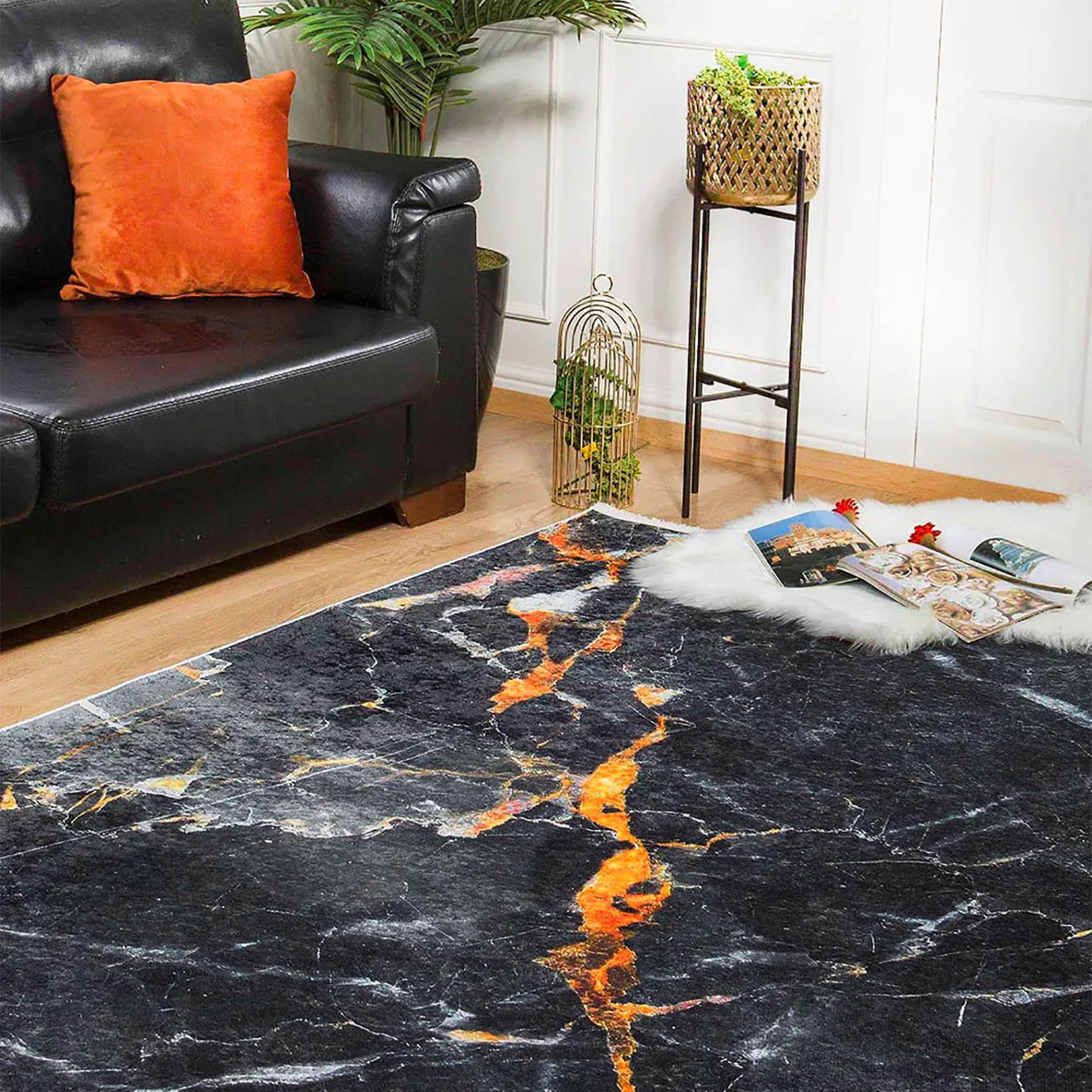 Karter Black Gold Marble Style Modern Rug