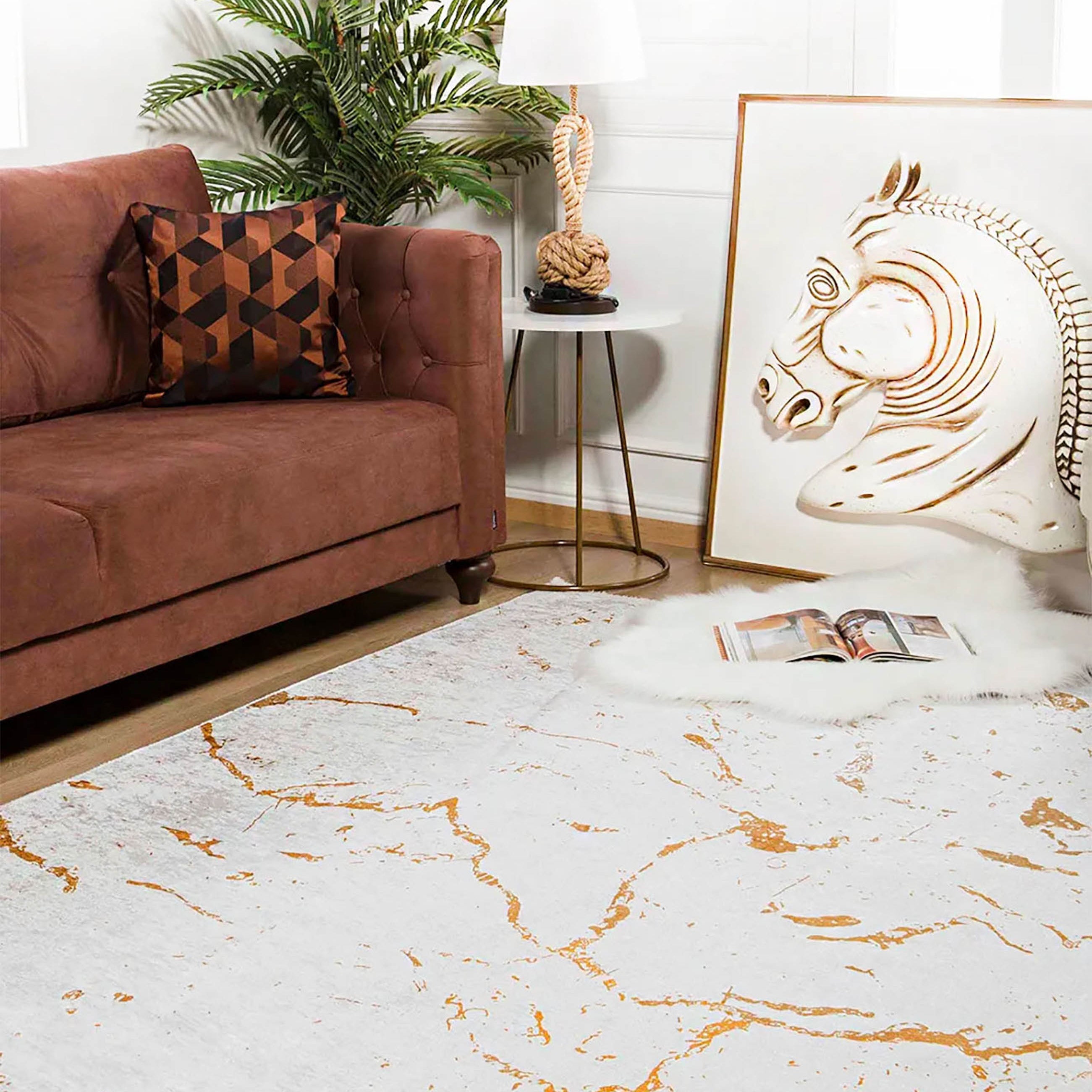 Princess Marble Style Cream Gold Art Deco Luxury Modern Home Rug