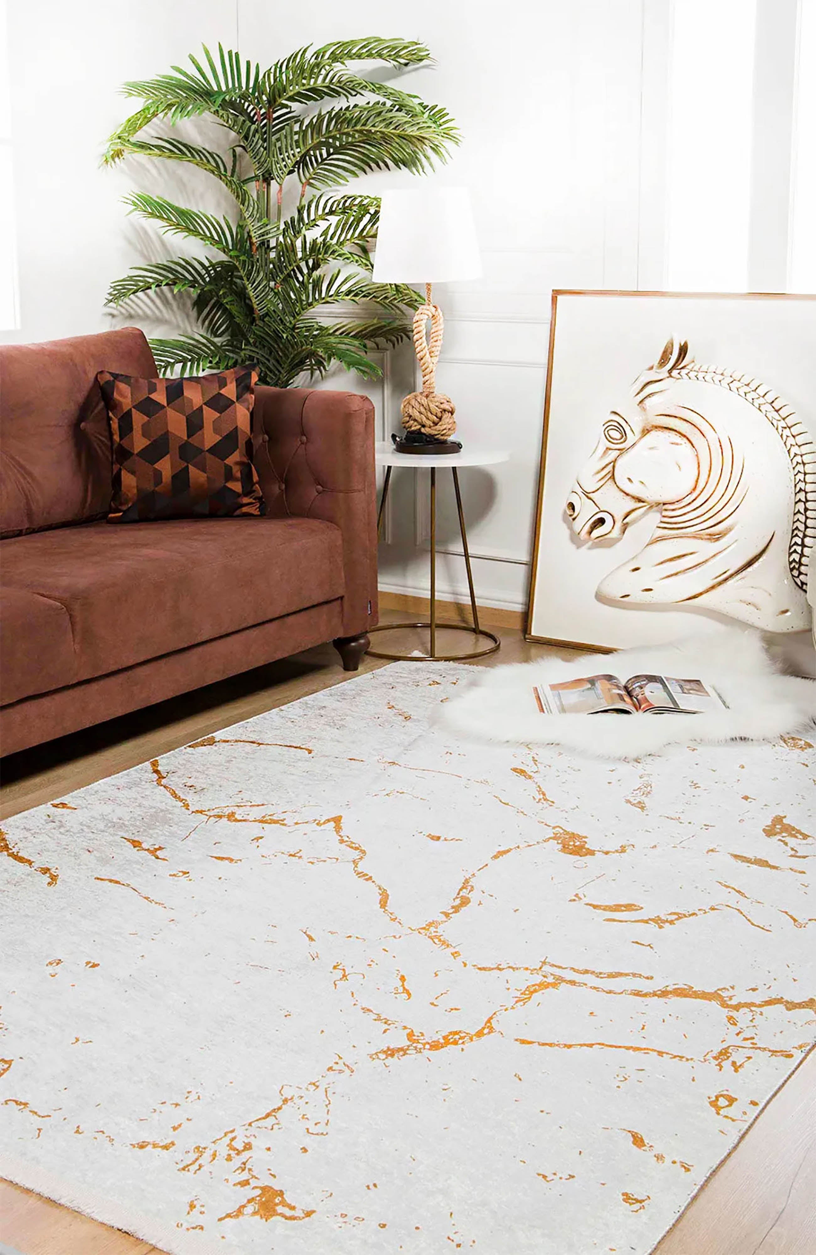 Princess Marble Style Cream Gold Art Deco Luxury Modern Home Rug