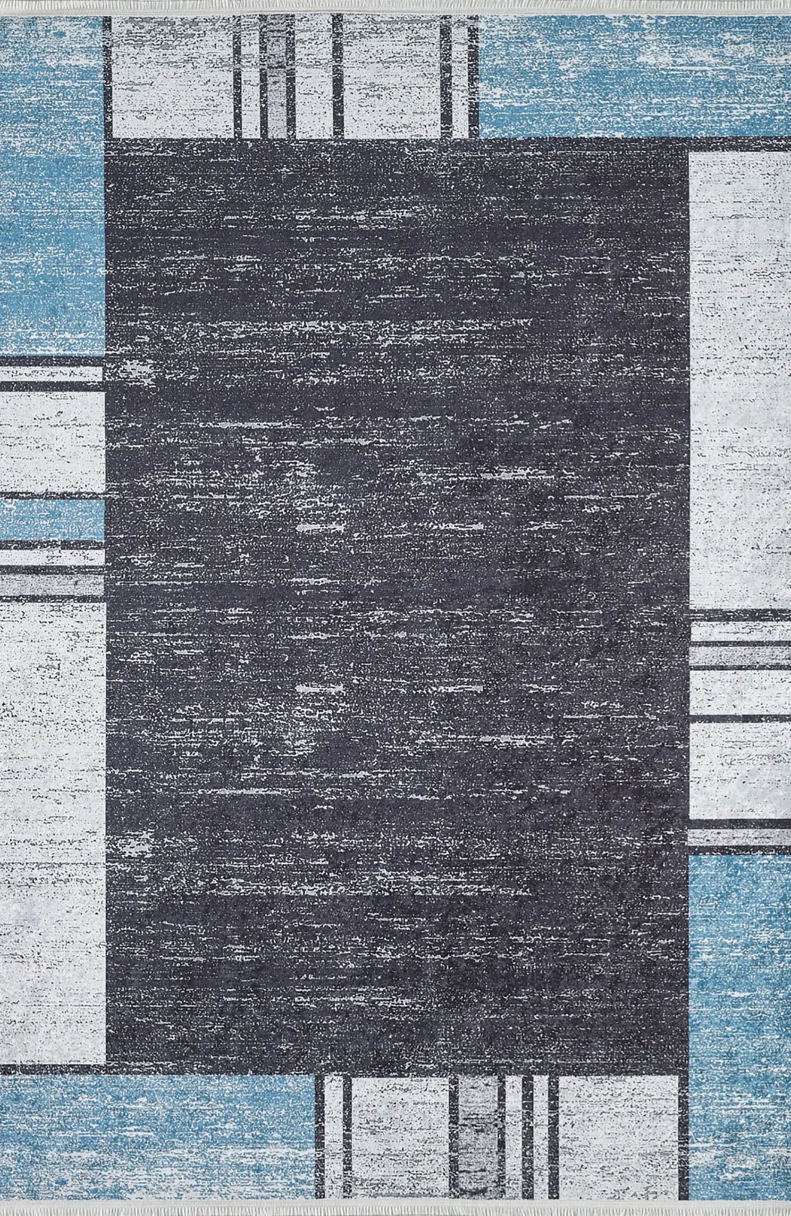 Jessie Geometric Design Black Gray Blue Contemporary Boho Decor Rug