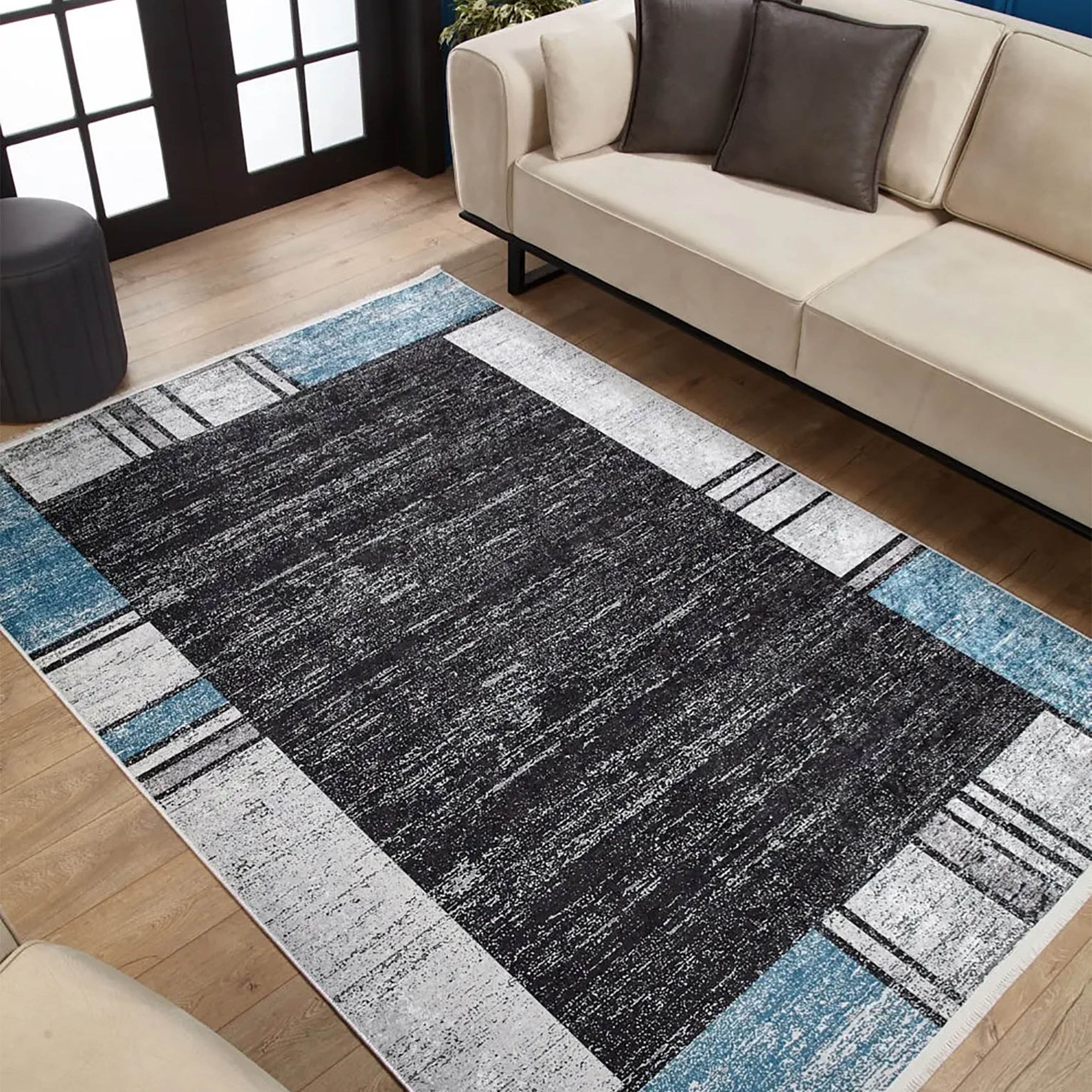 Jessie Geometric Design Black Gray Blue Contemporary Boho Decor Rug