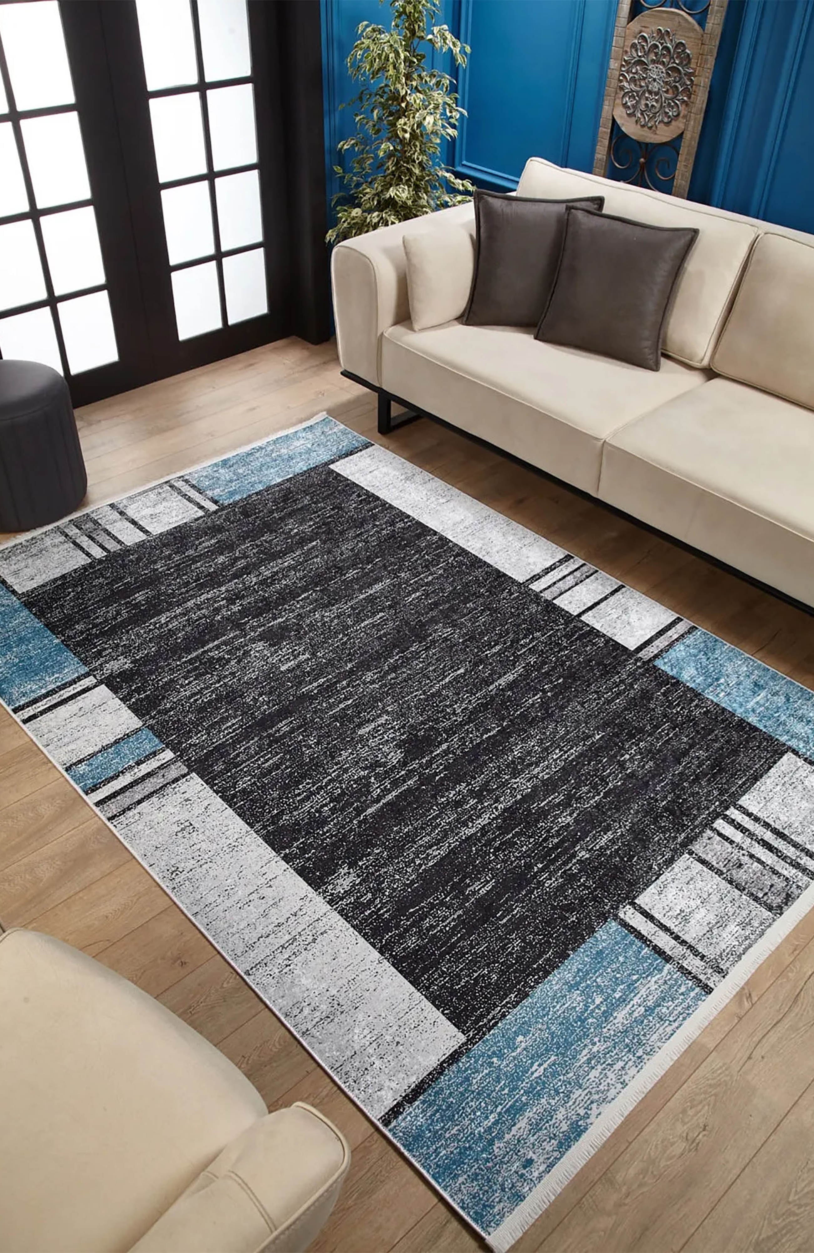 Jessie Geometric Design Black Gray Blue Contemporary Boho Decor Rug