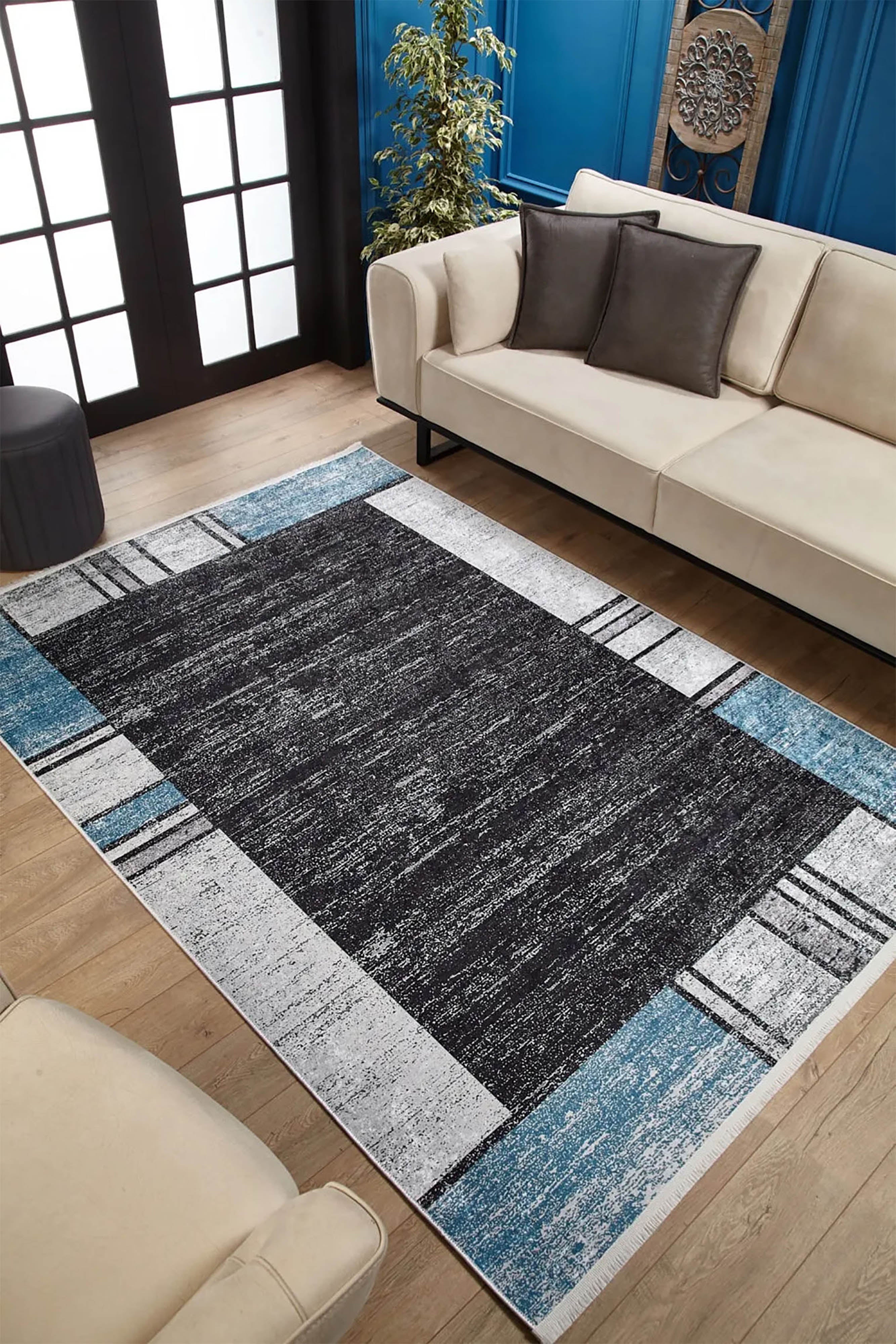 Jessie Geometric Design Black Gray Blue Contemporary Boho Decor Rug