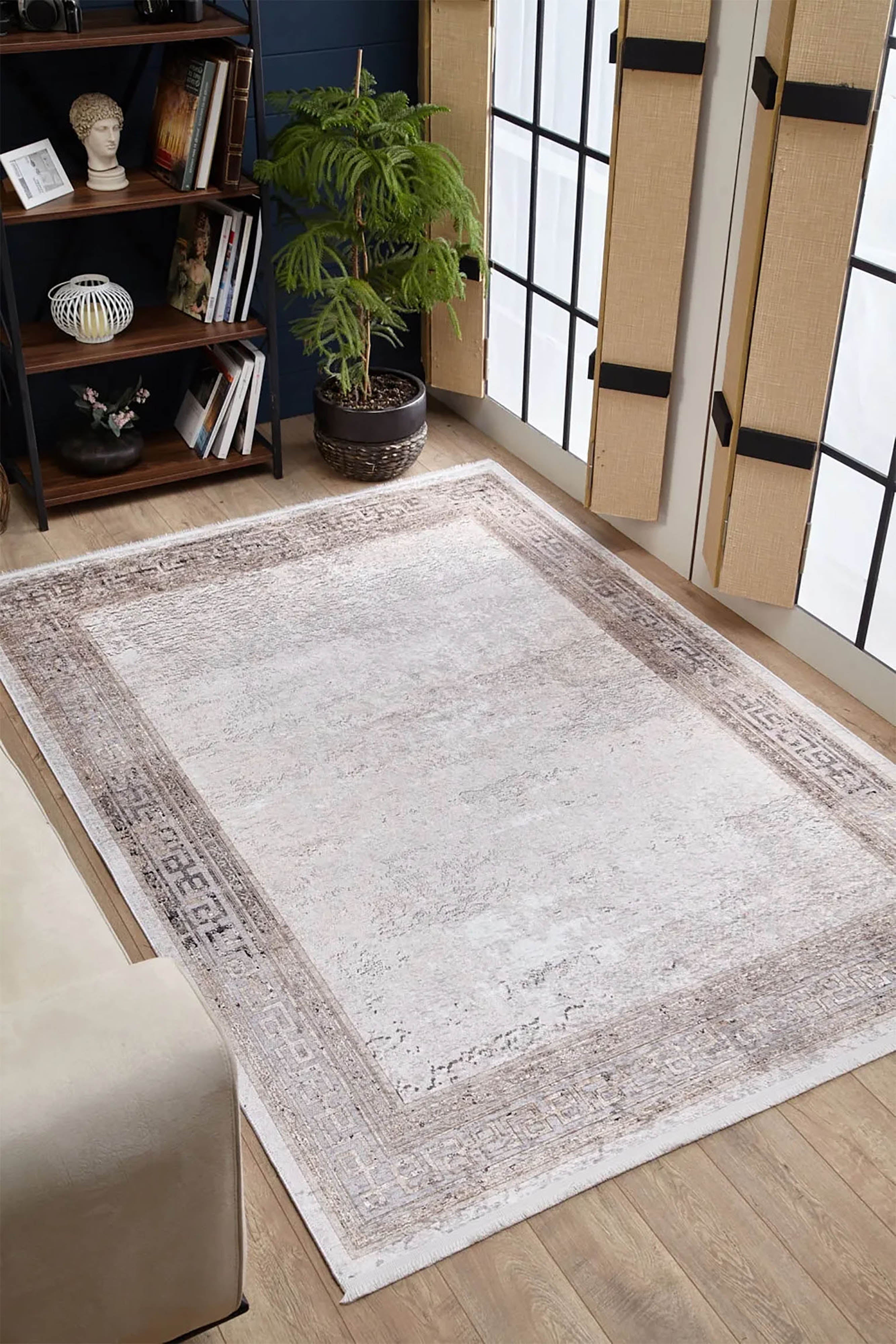 Deha Marble Powder Beige Greek Key Border Rug