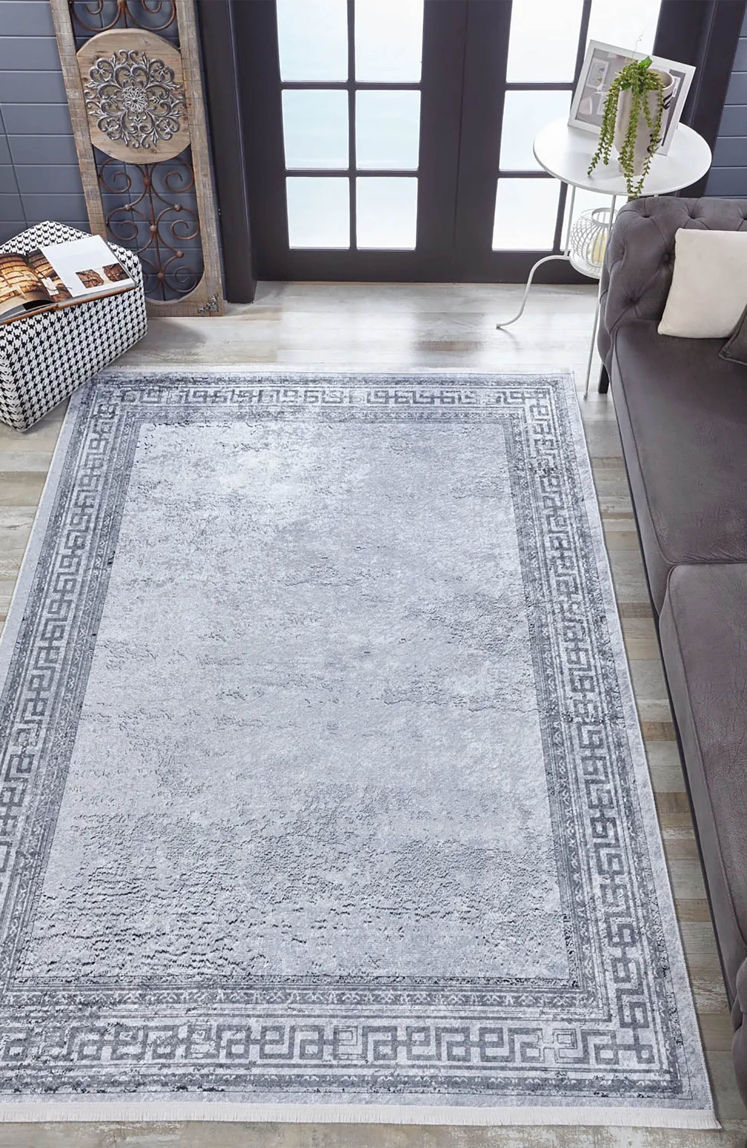 Delfin Marble Gray Greek Key Border Rug