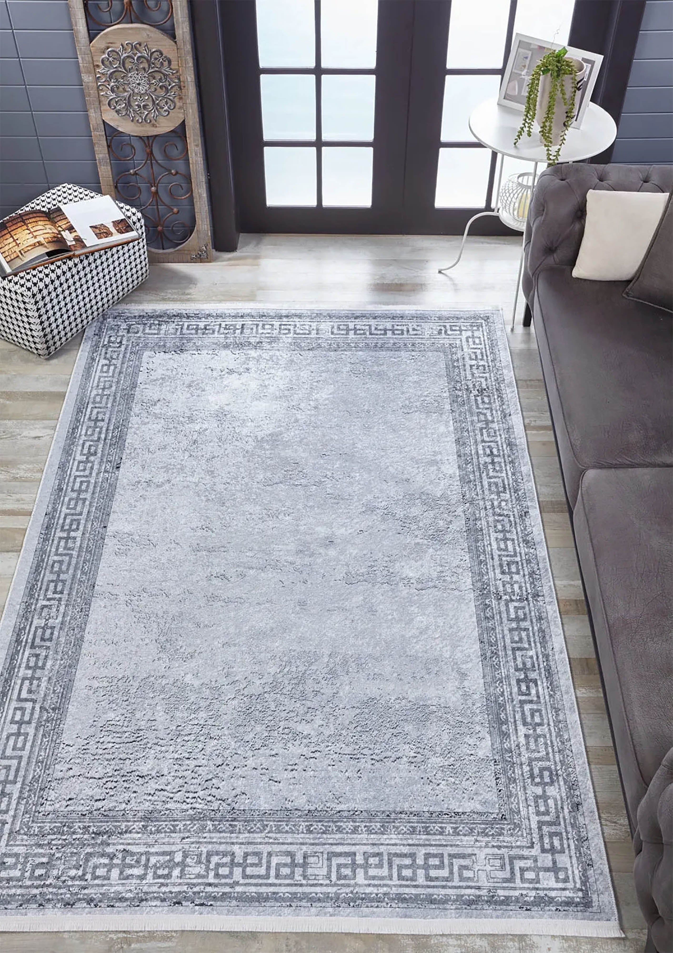 Delfin Marble Gray Greek Key Border Rug