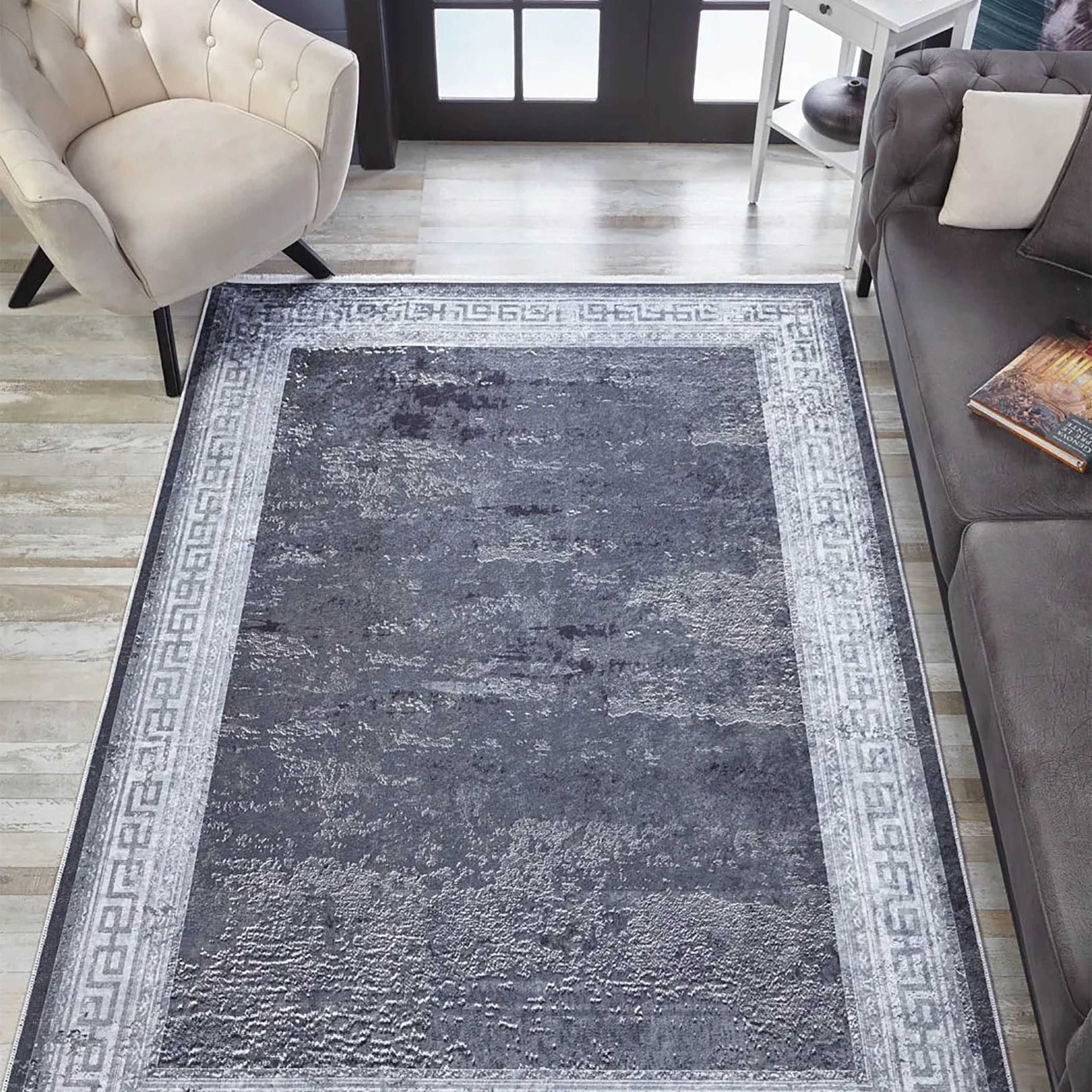 Elmira Marble Solid Grey Greek Key Border Rug