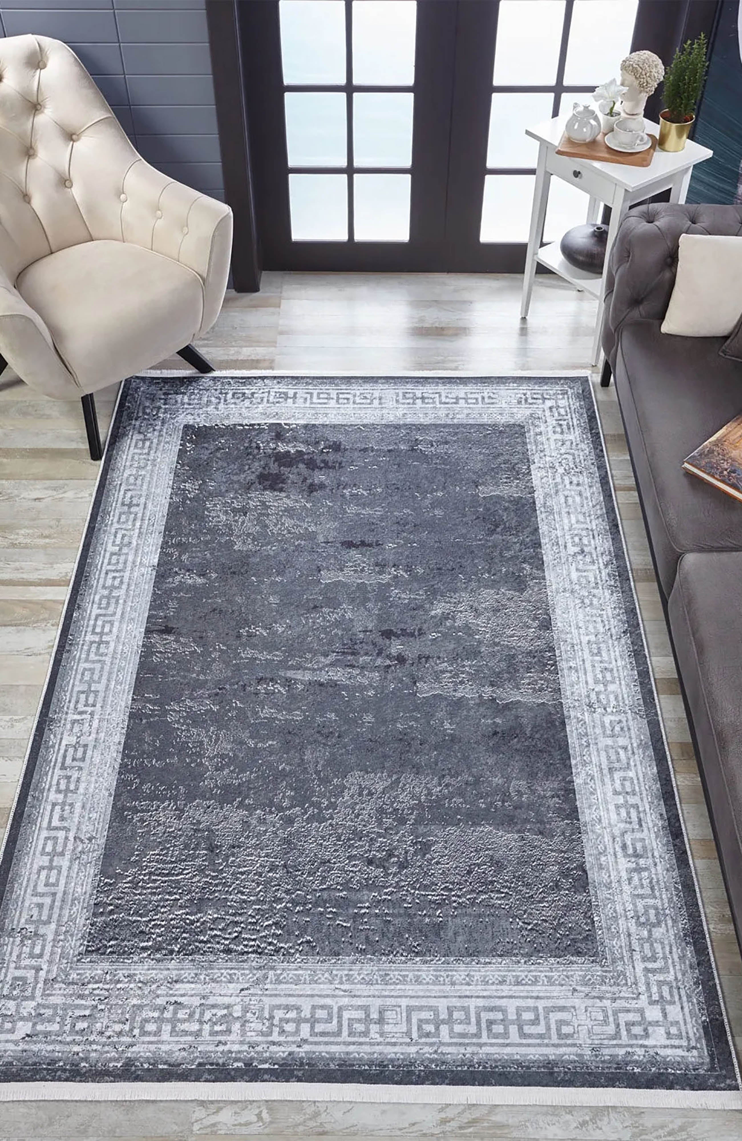 Elmira Marble Solid Grey Greek Key Border Rug