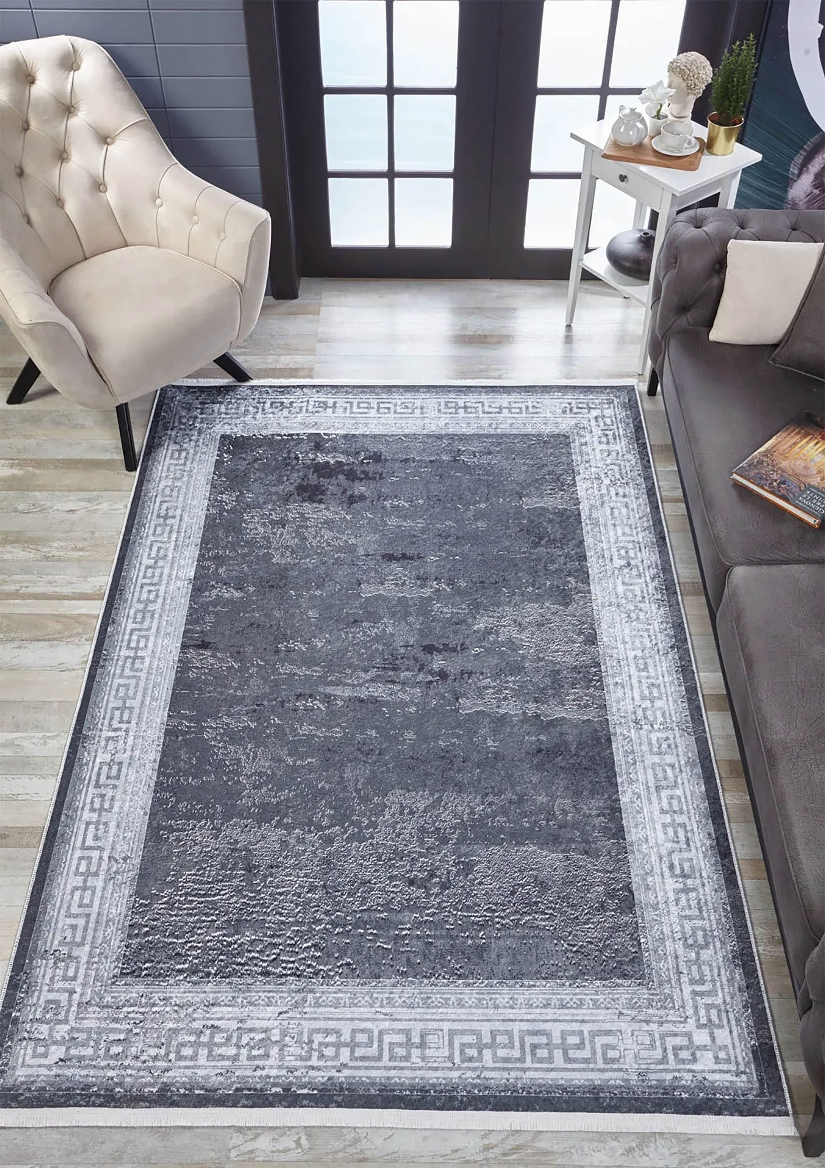 Elmira Marble Solid Grey Greek Key Border Rug