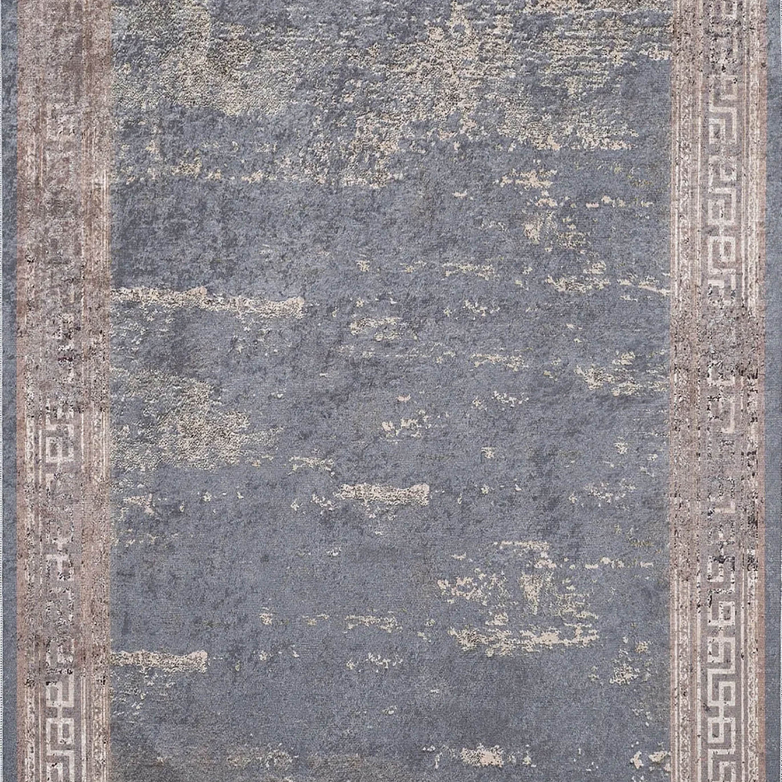 Ezra Marble Brown Grey Greek Key Border Rug
