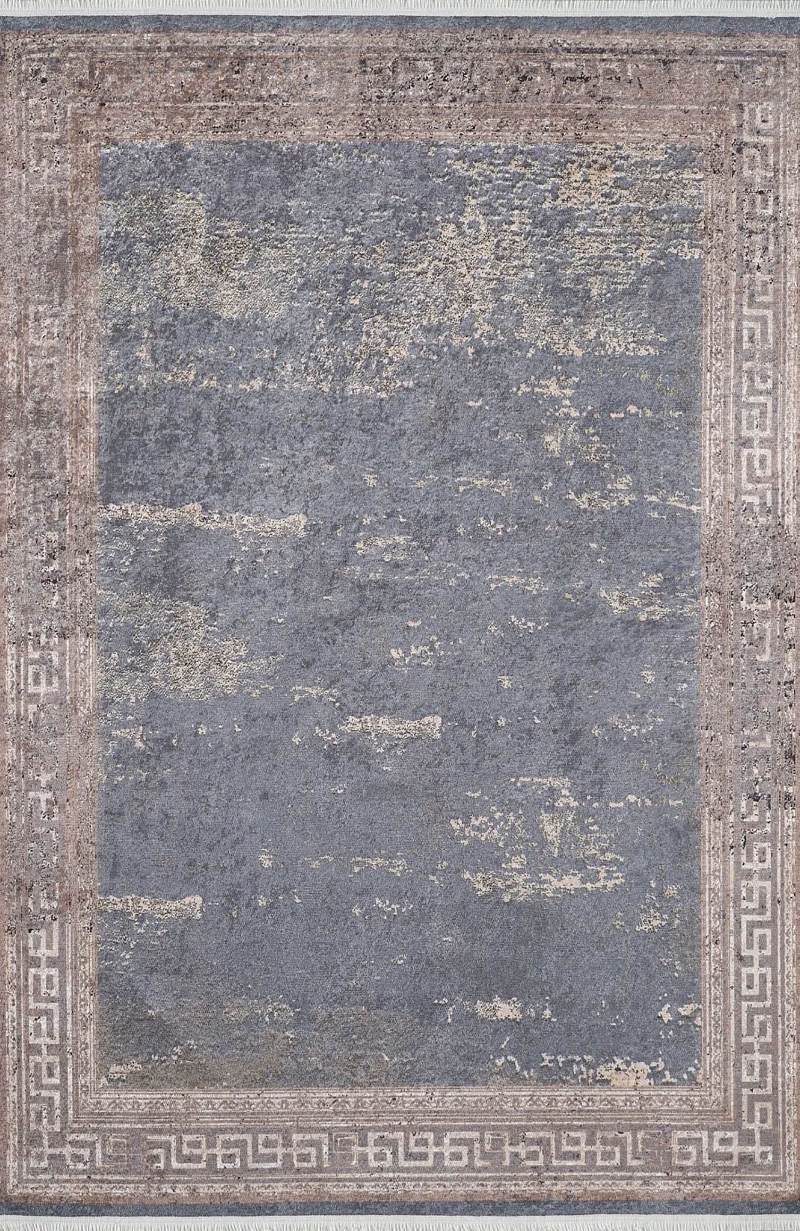 Ezra Marble Brown Grey Greek Key Border Rug