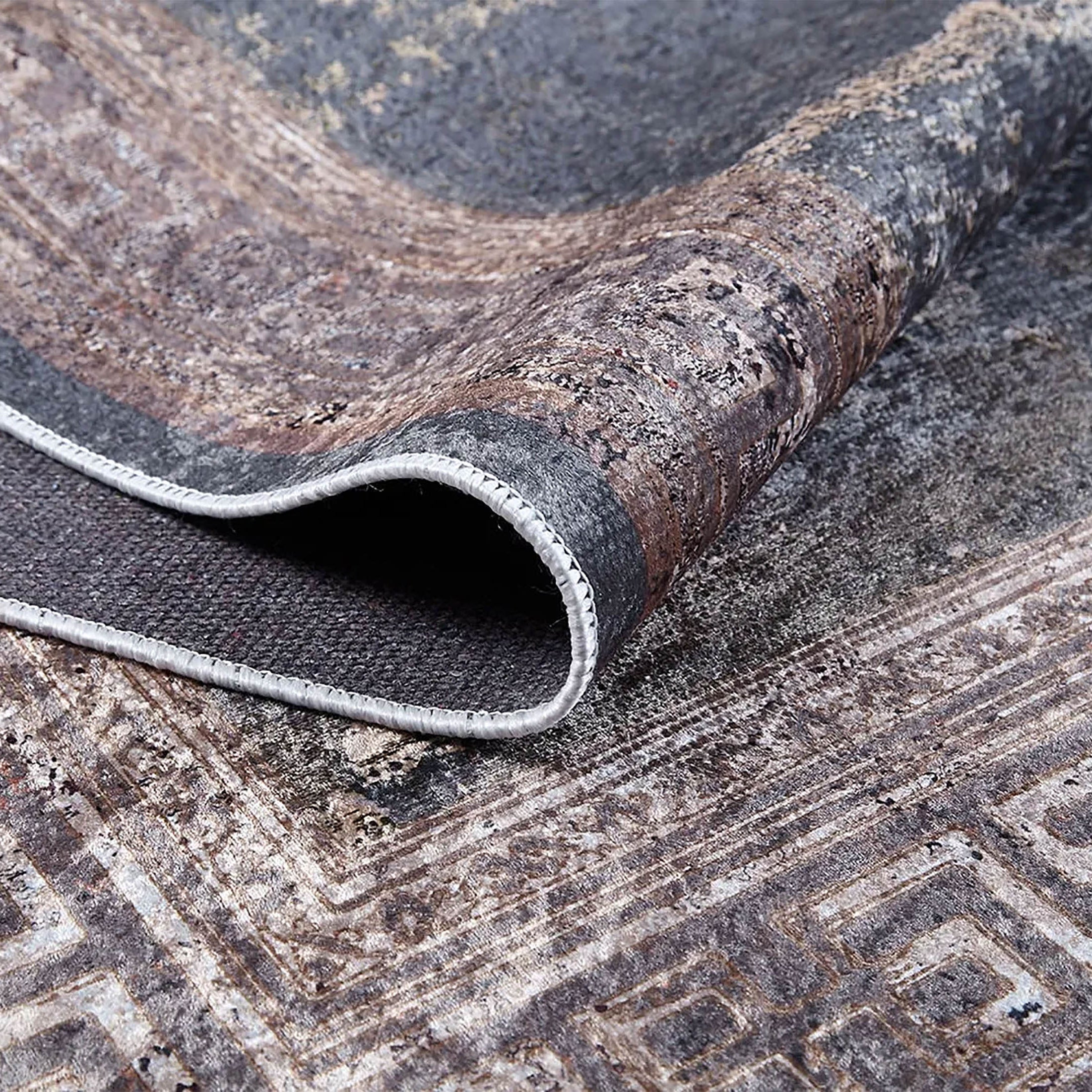 Ezra Marble Brown Grey Greek Key Border Rug
