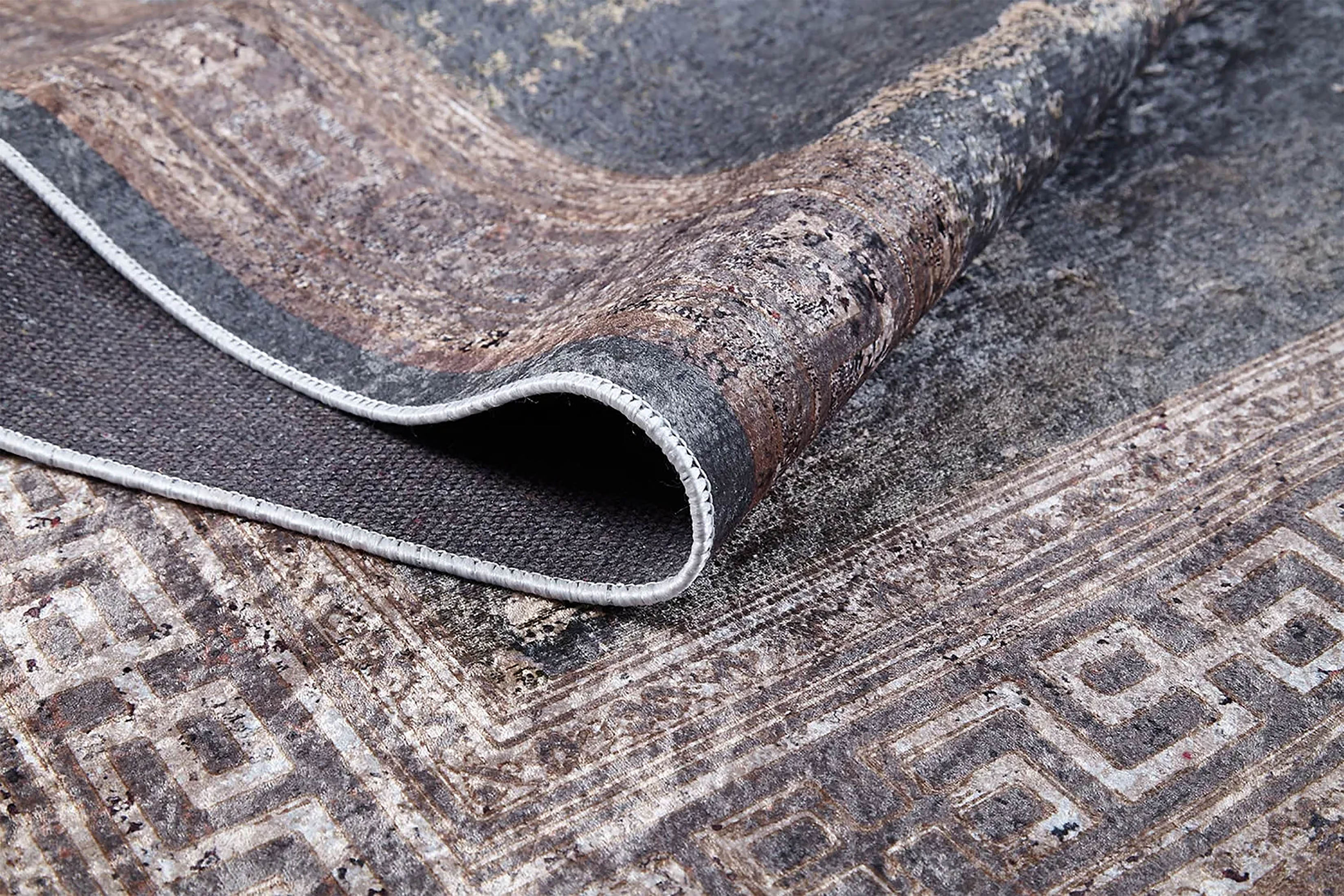 Ezra Marble Brown Grey Greek Key Border Rug