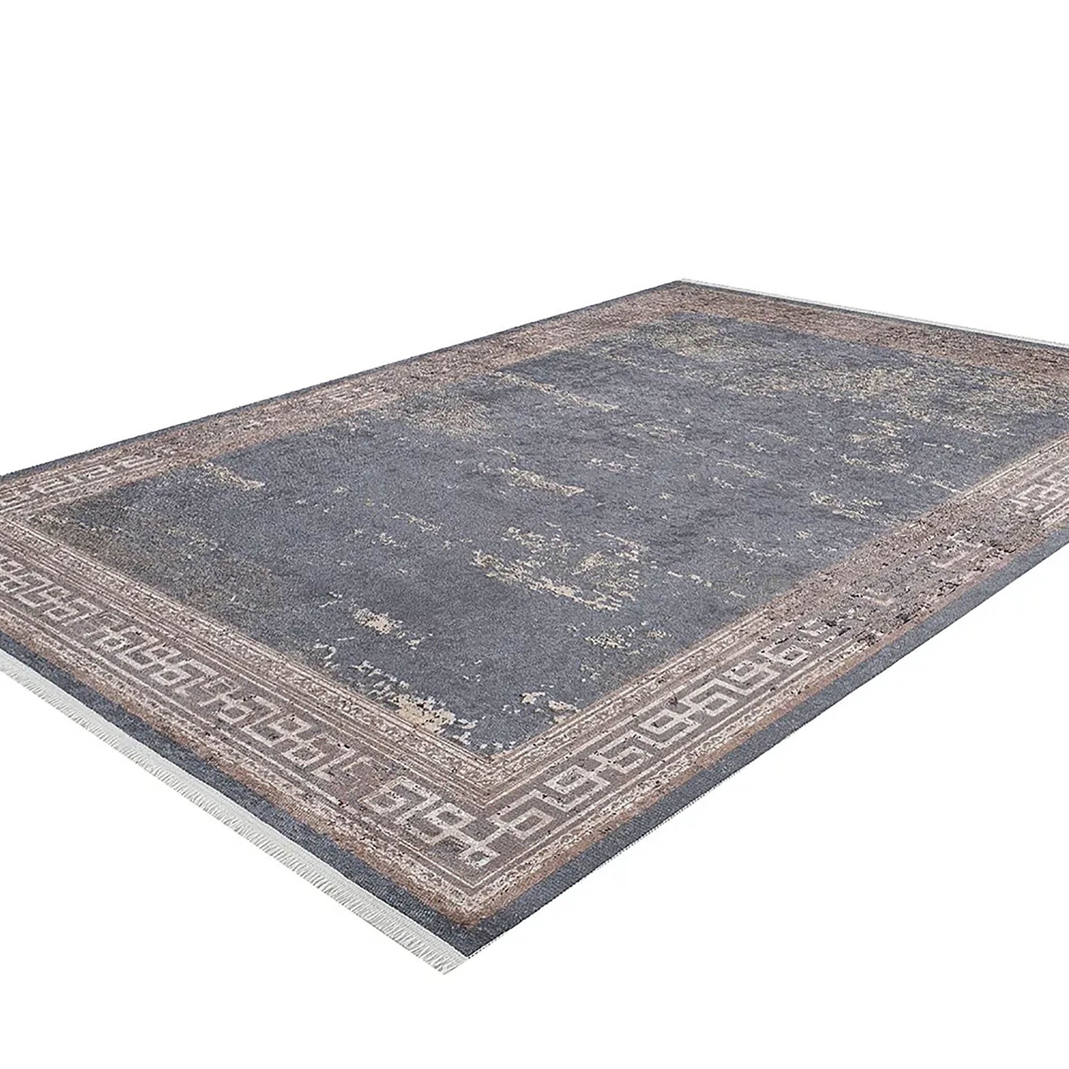 Ezra Marble Brown Grey Greek Key Border Rug