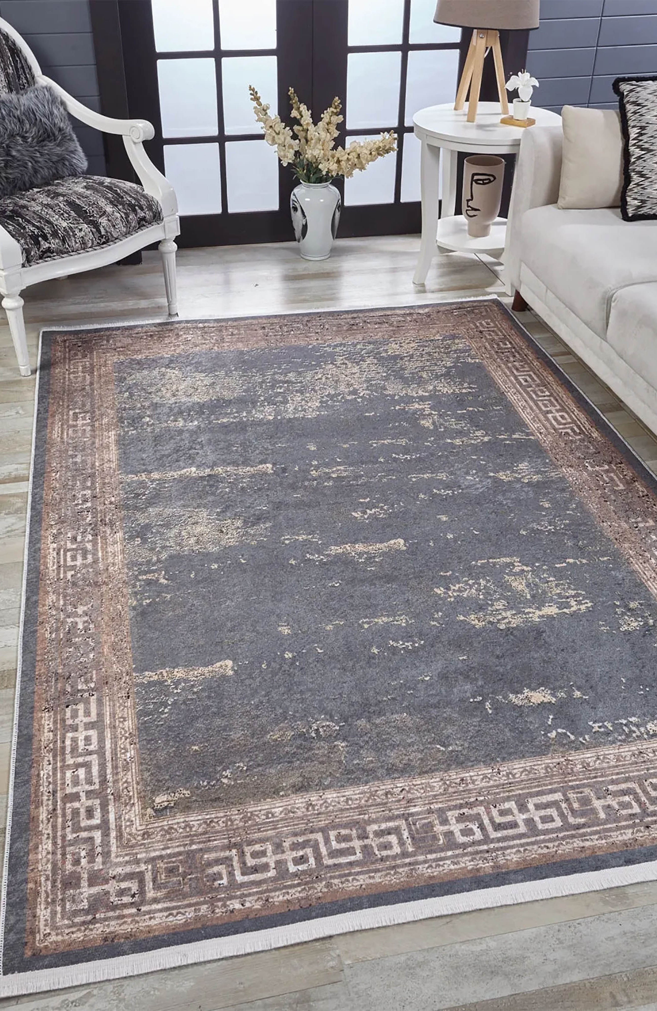 Ezra Marble Brown Grey Greek Key Border Rug