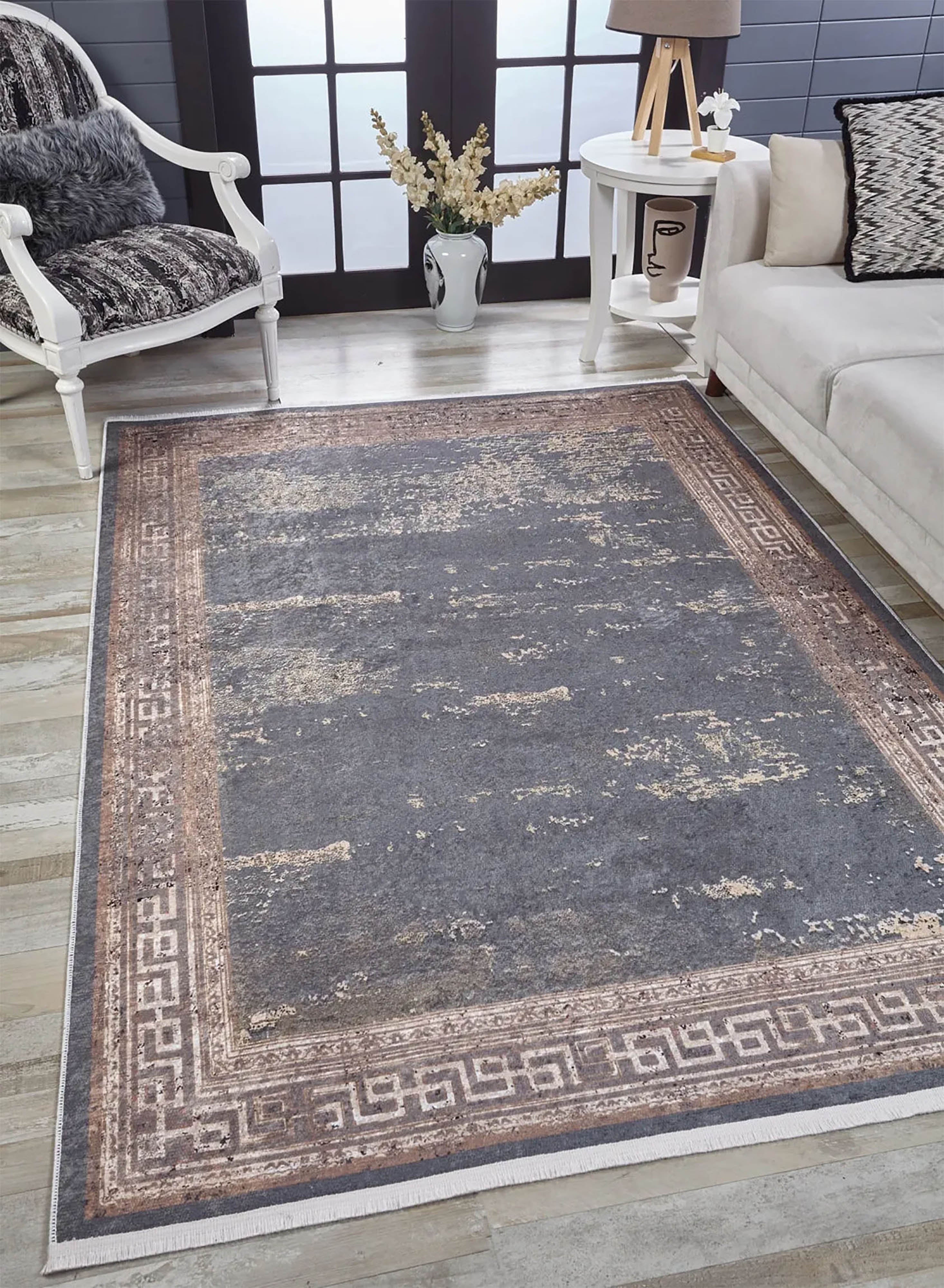Ezra Marble Brown Grey Greek Key Border Rug