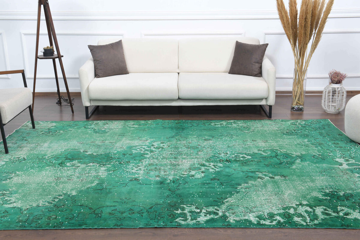 Overdyed Distressed Green Vintage Oushak Rug