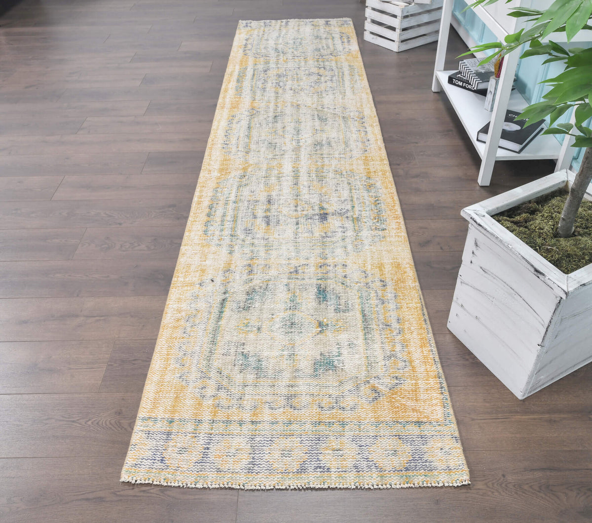 Faded Yellow Vintage Oushak Runner Rug