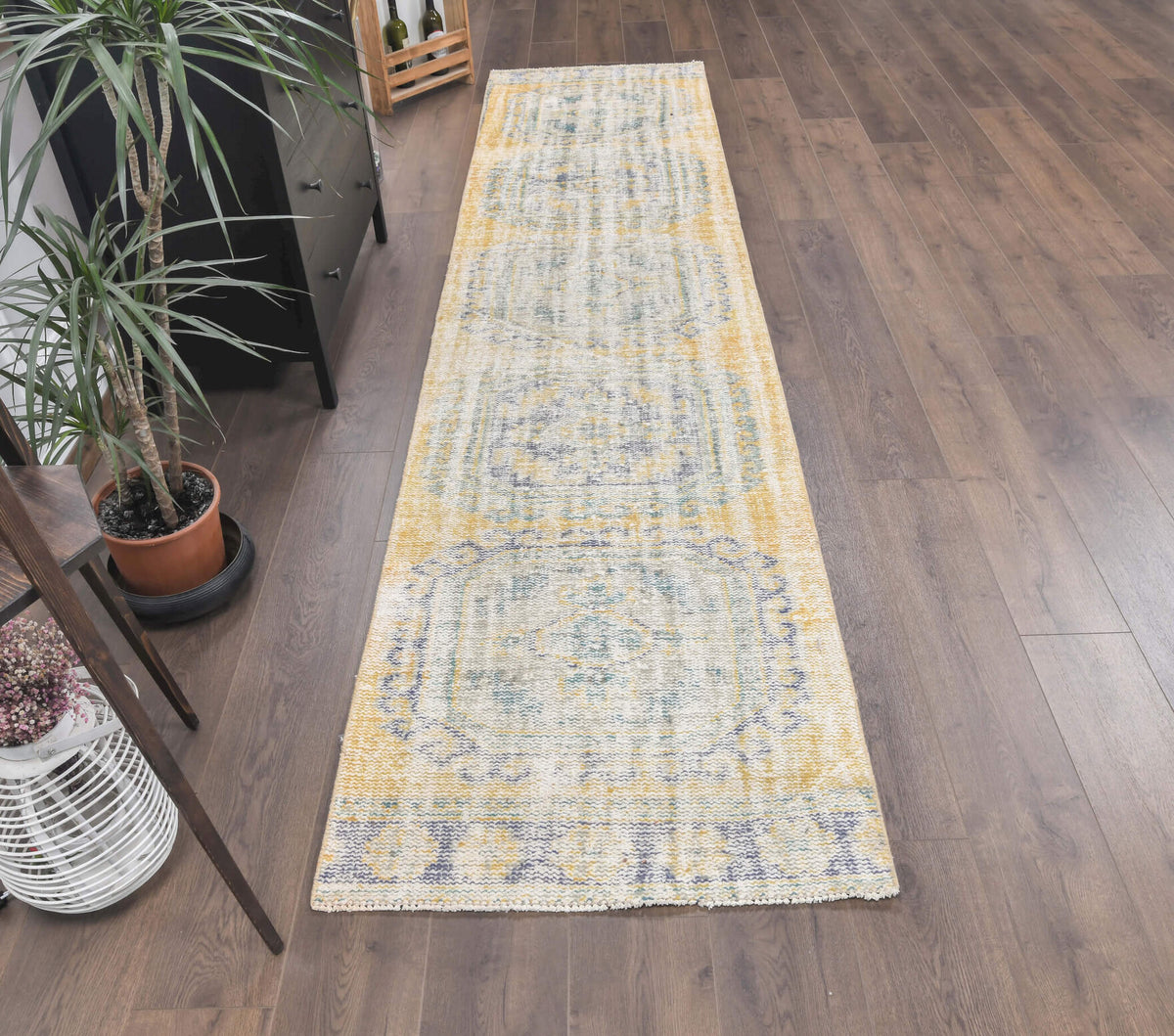 Faded Yellow Vintage Oushak Runner Rug
