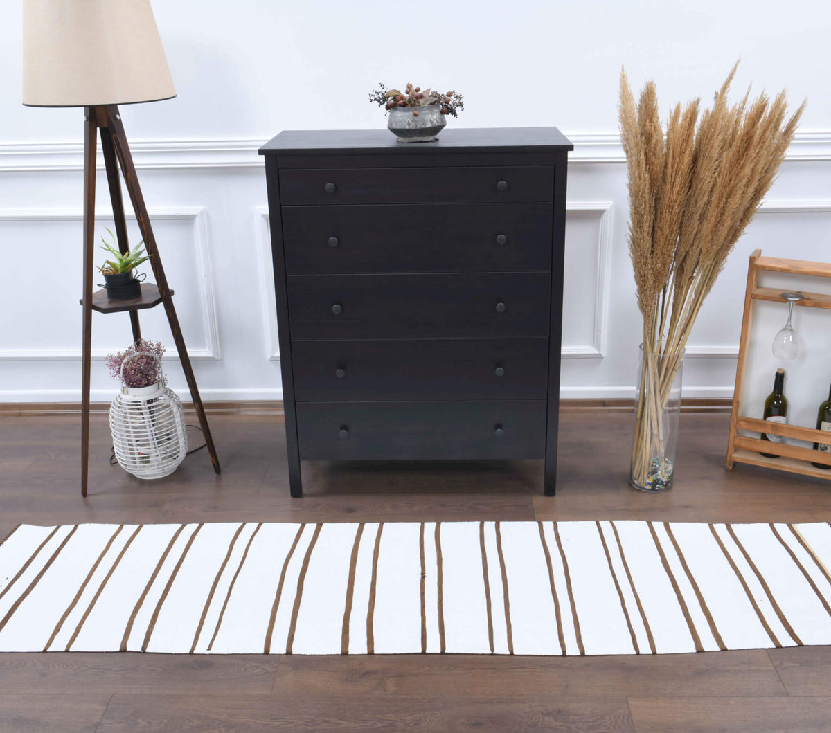 Boho White Striped Vintage Kilim Runner Rug