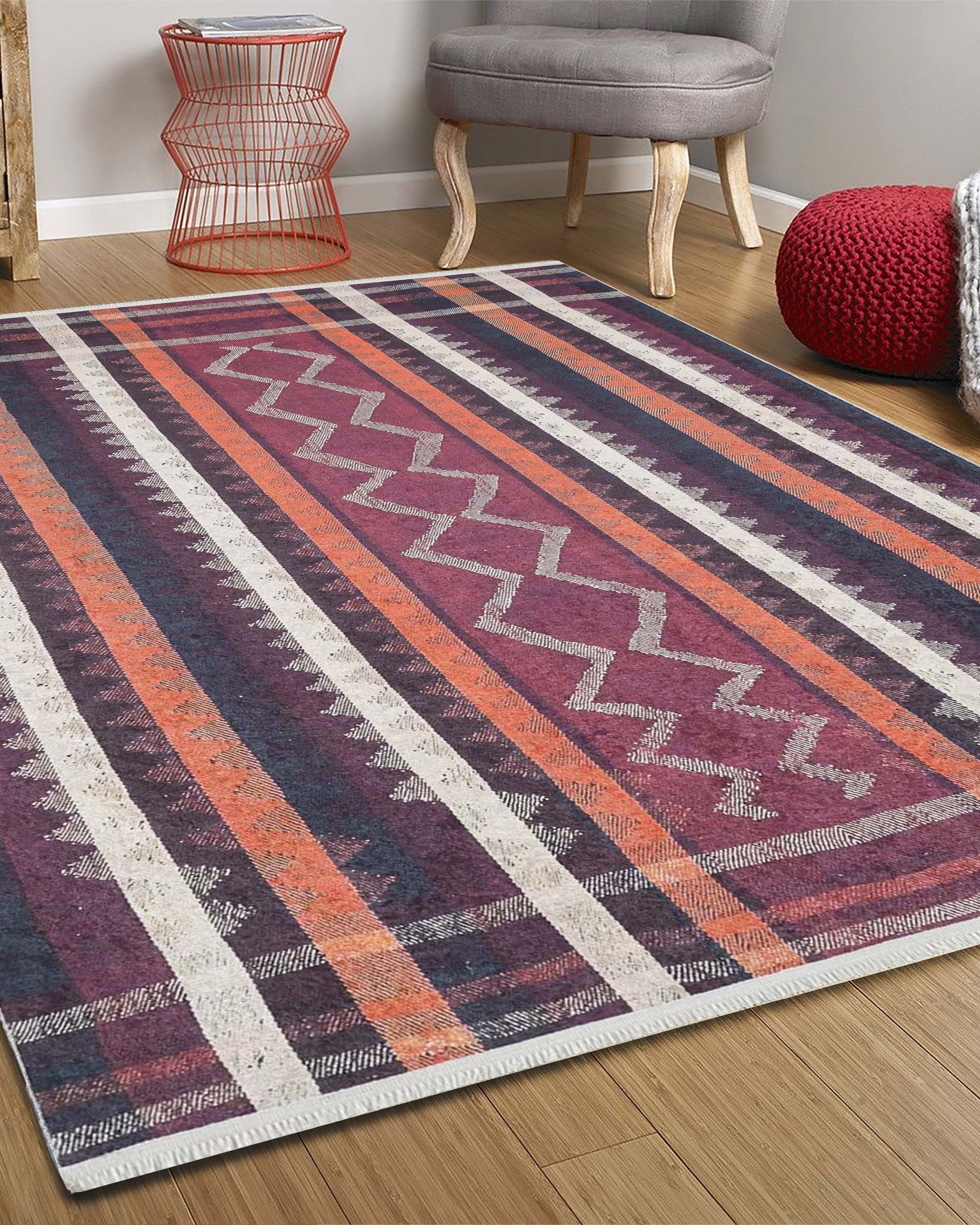 Afaf Turkish Orange Black Beige Kilim Rug