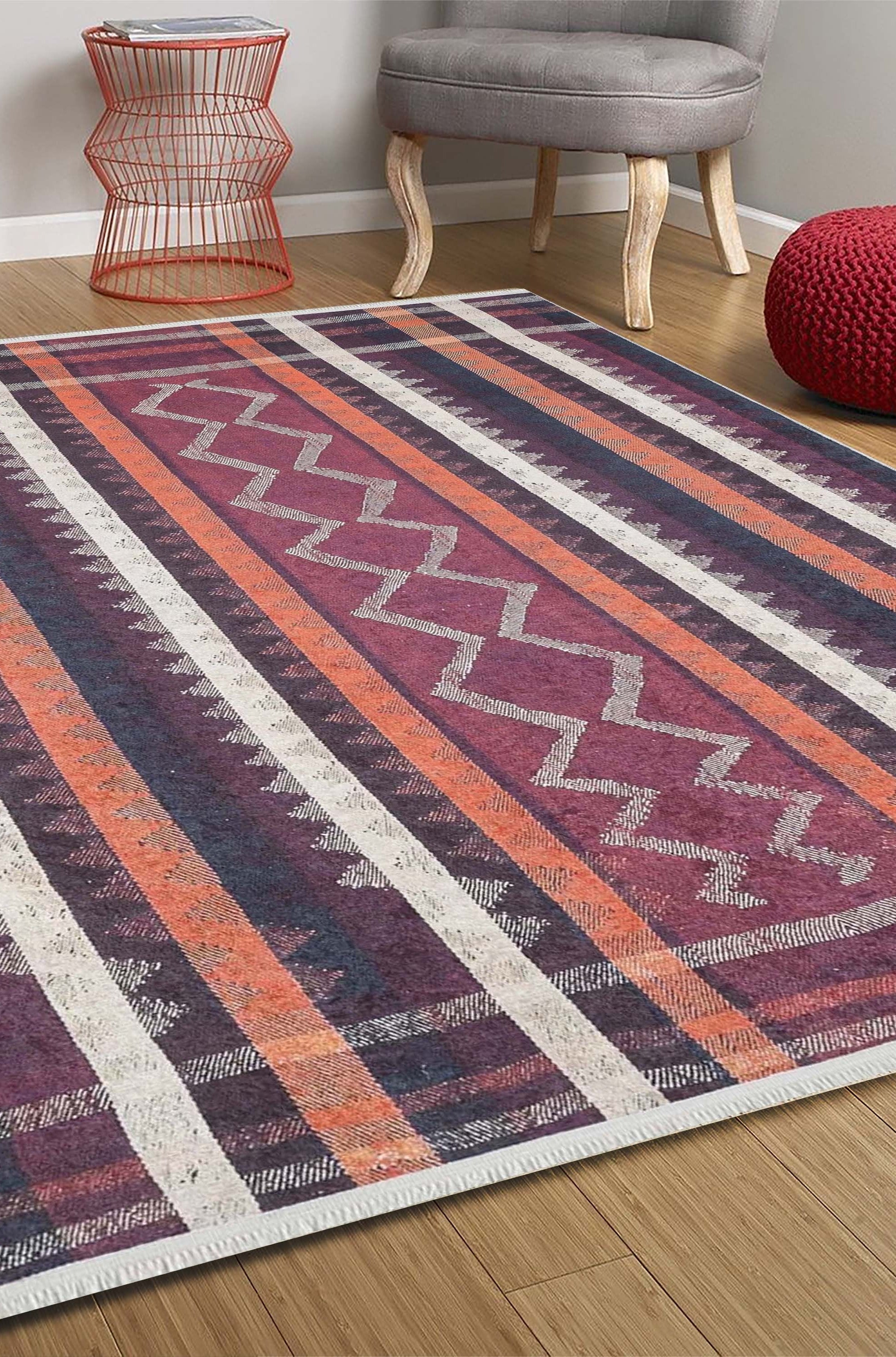 Afaf Turkish Orange Black Beige Kilim Rug