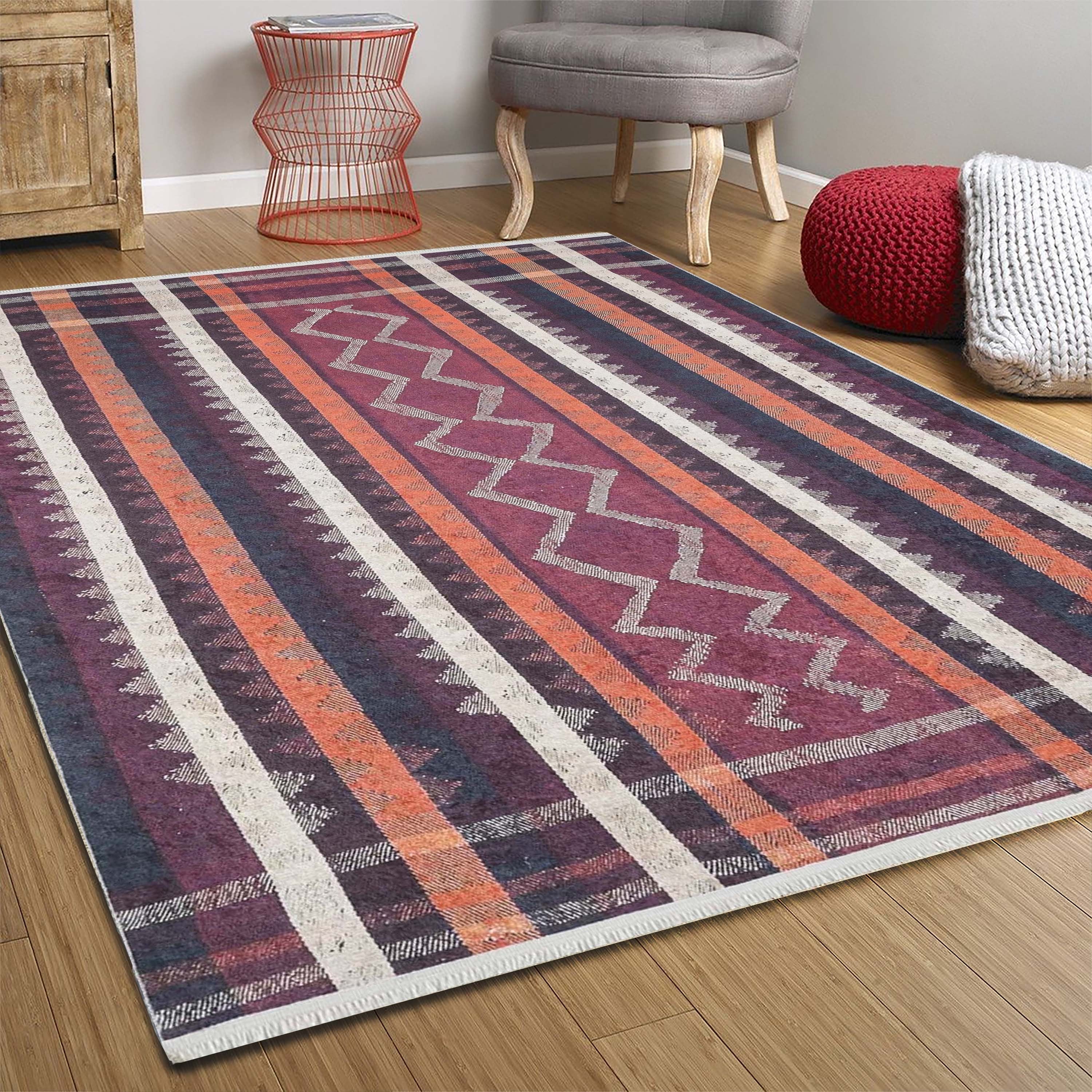 Afaf Turkish Orange Black Beige Kilim Rug