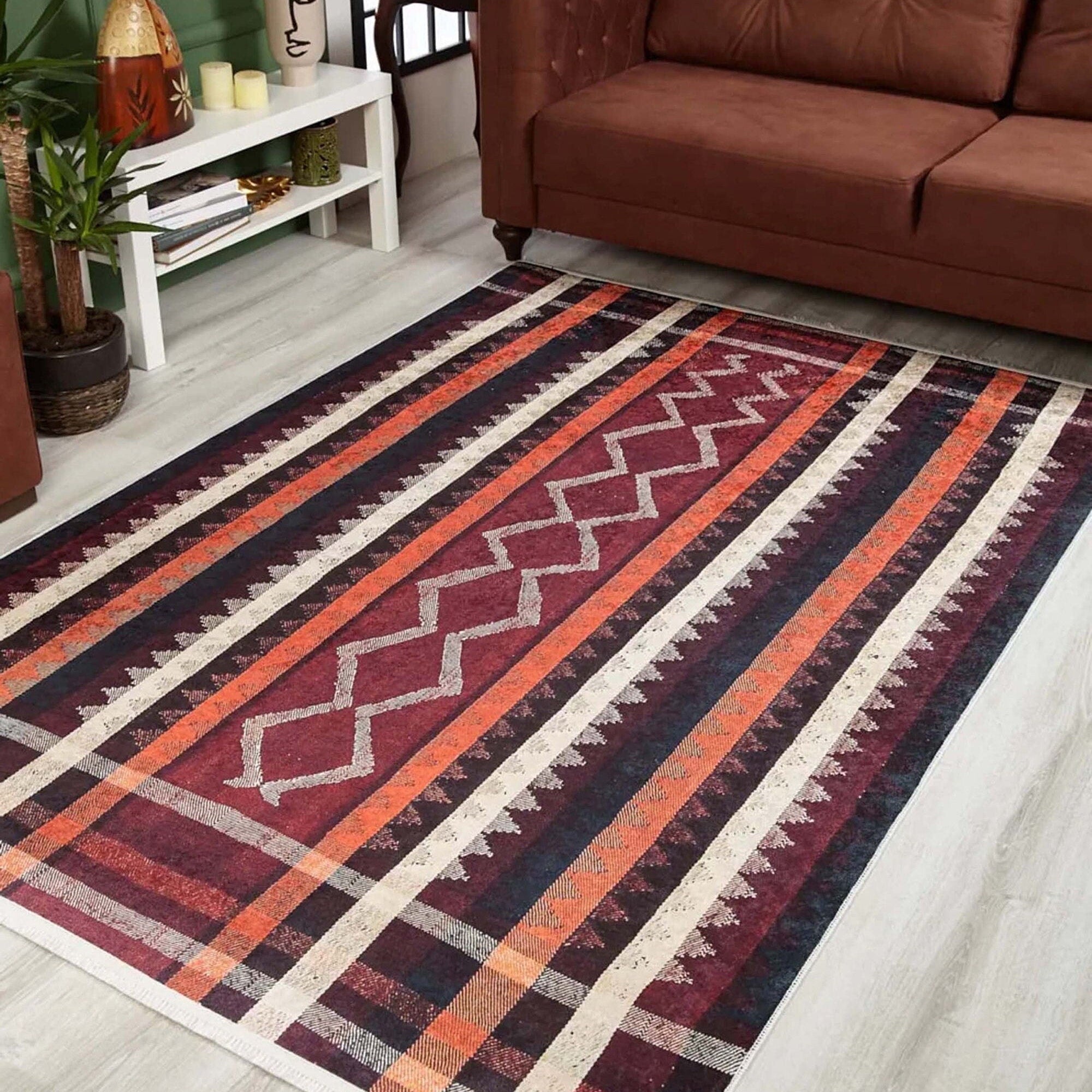 Afaf Turkish Orange Black Beige Kilim Rug