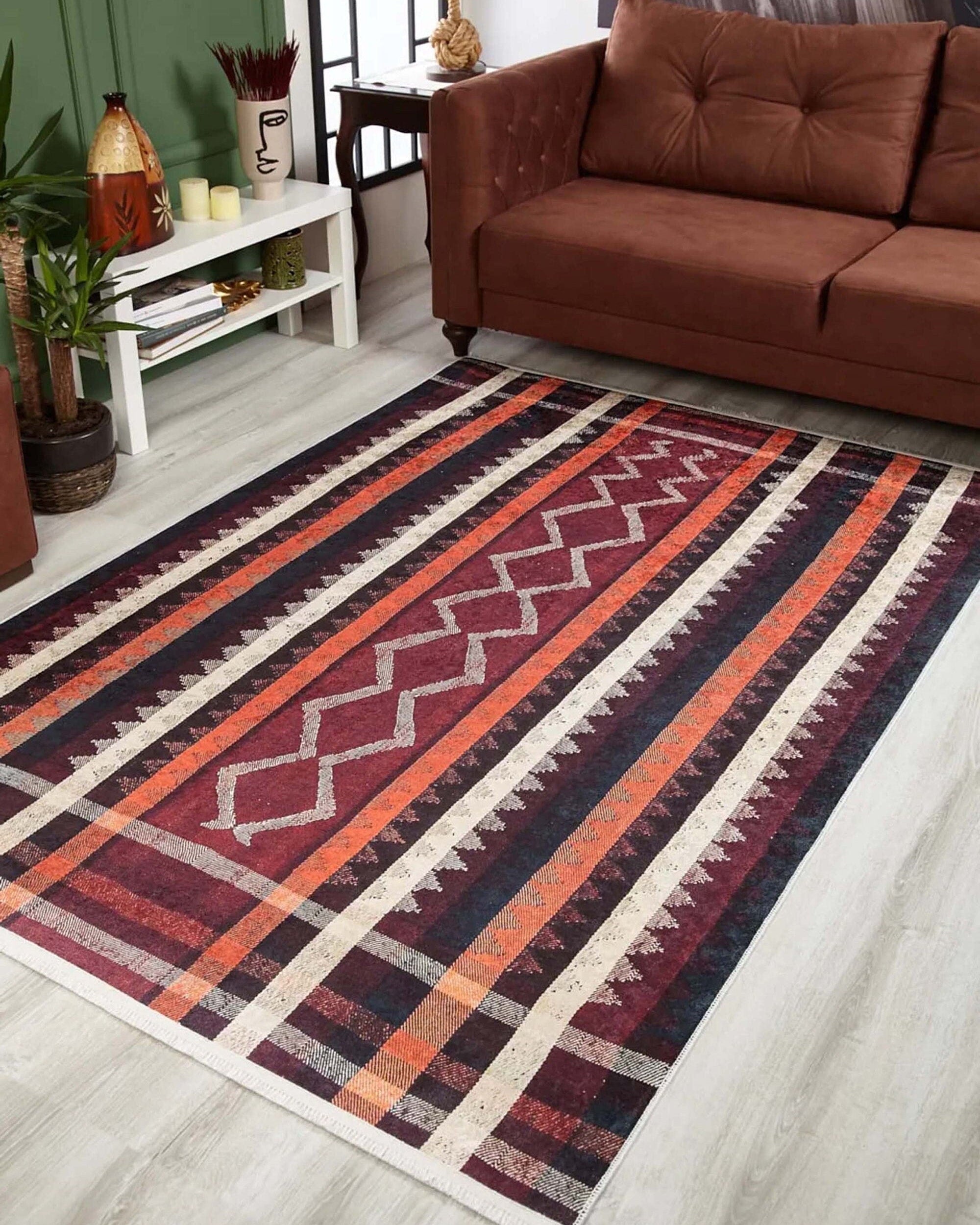 Afaf Turkish Orange Black Beige Kilim Rug