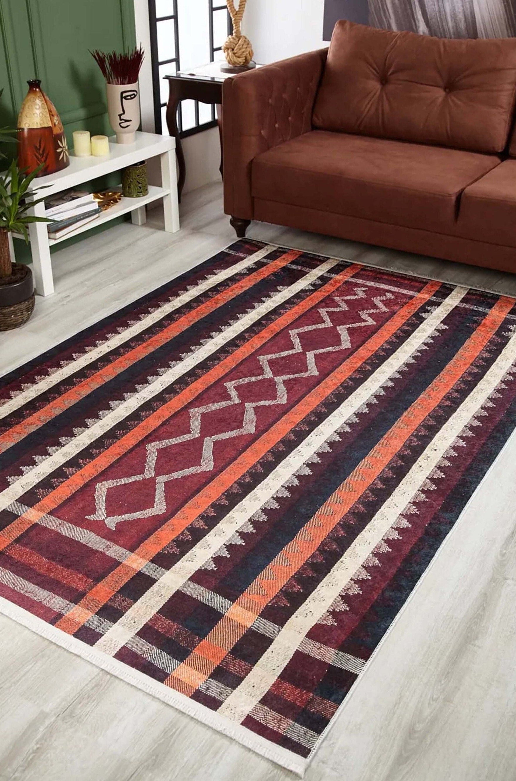 Afaf Turkish Orange Black Beige Kilim Rug