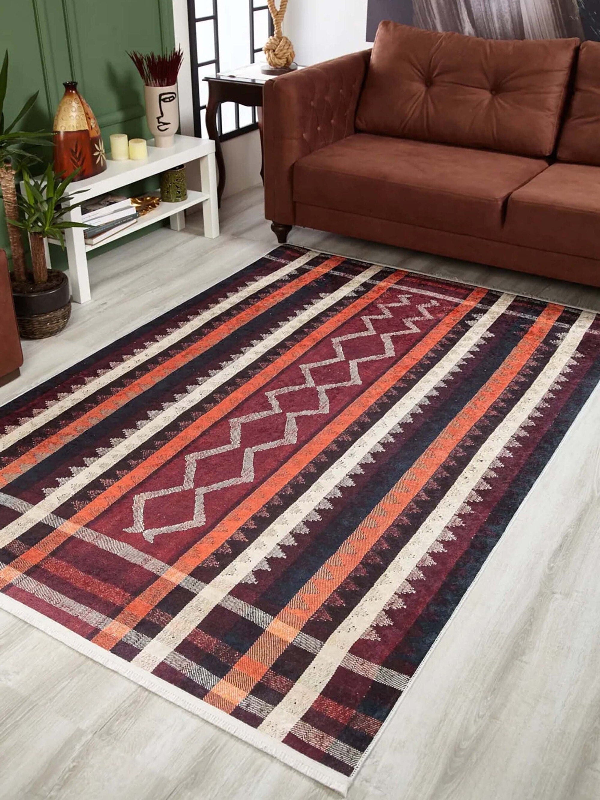 Afaf Turkish Orange Black Beige Kilim Rug