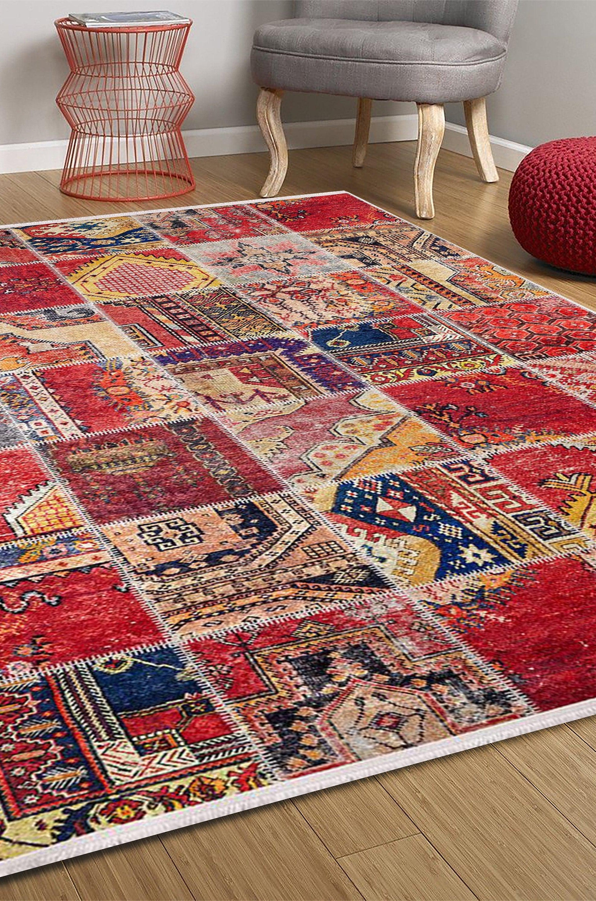 Afya Red Turkish Patchwork Rug