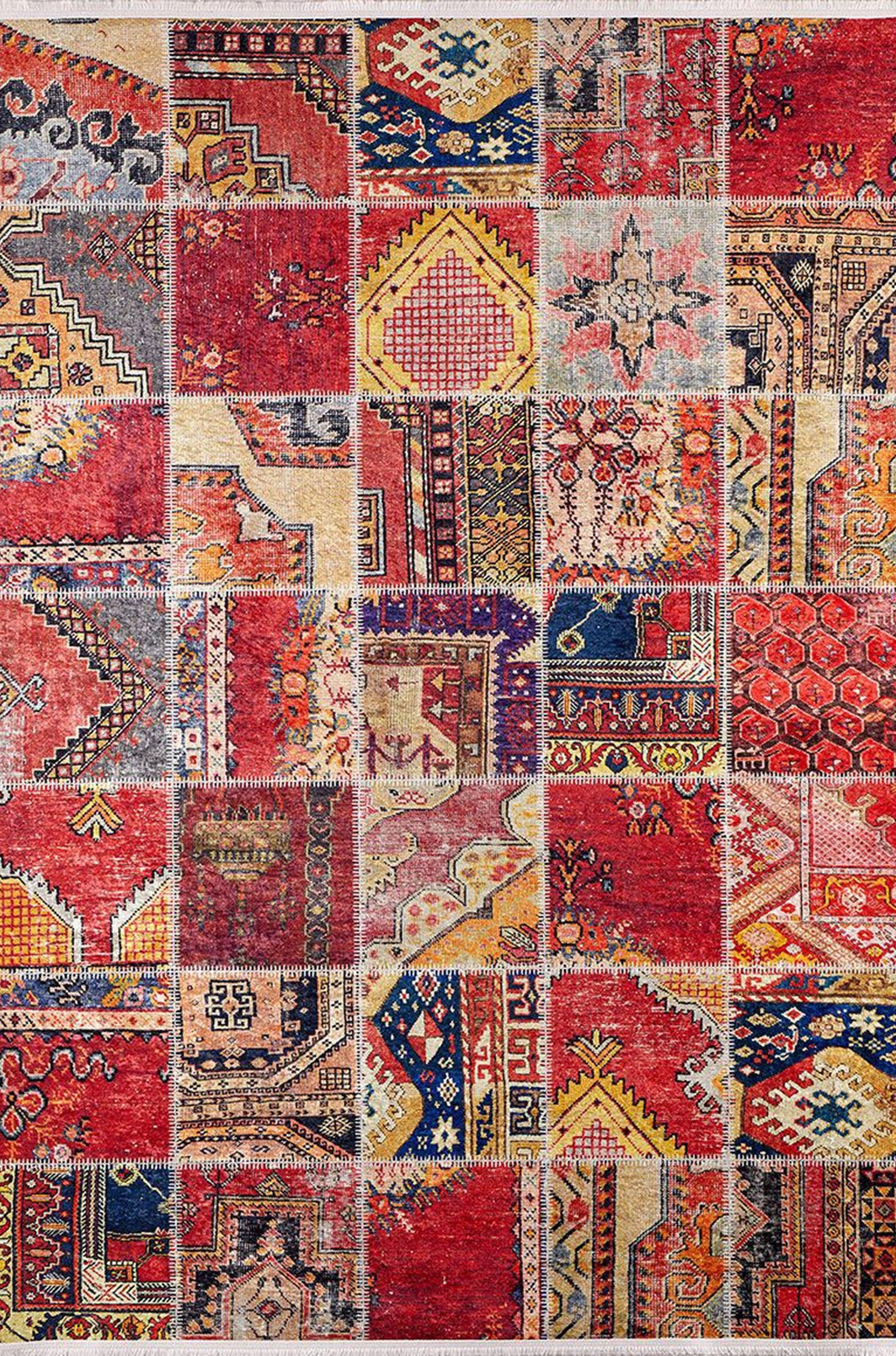 Afya Red Turkish Patchwork Rug