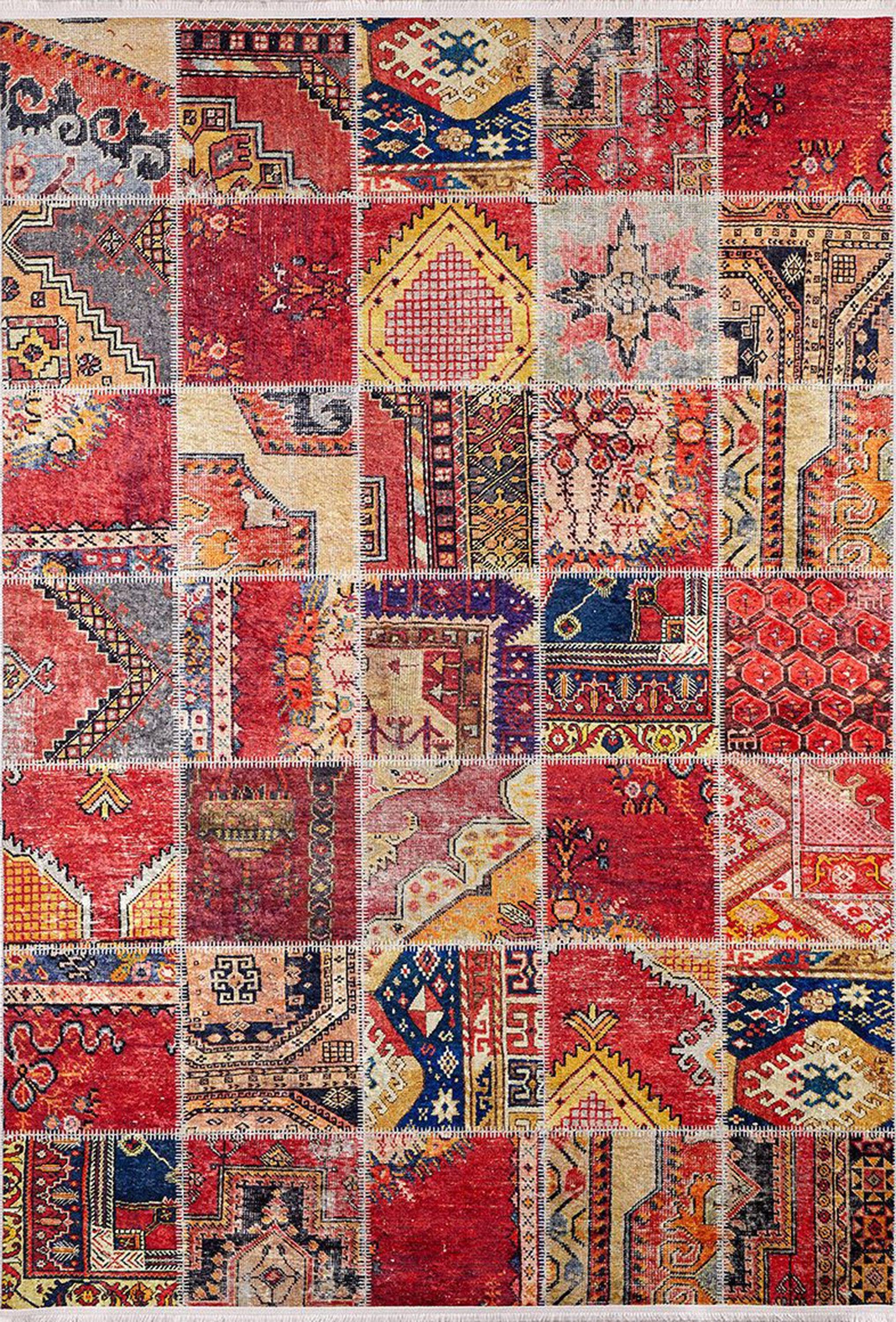 Afya Red Turkish Patchwork Rug