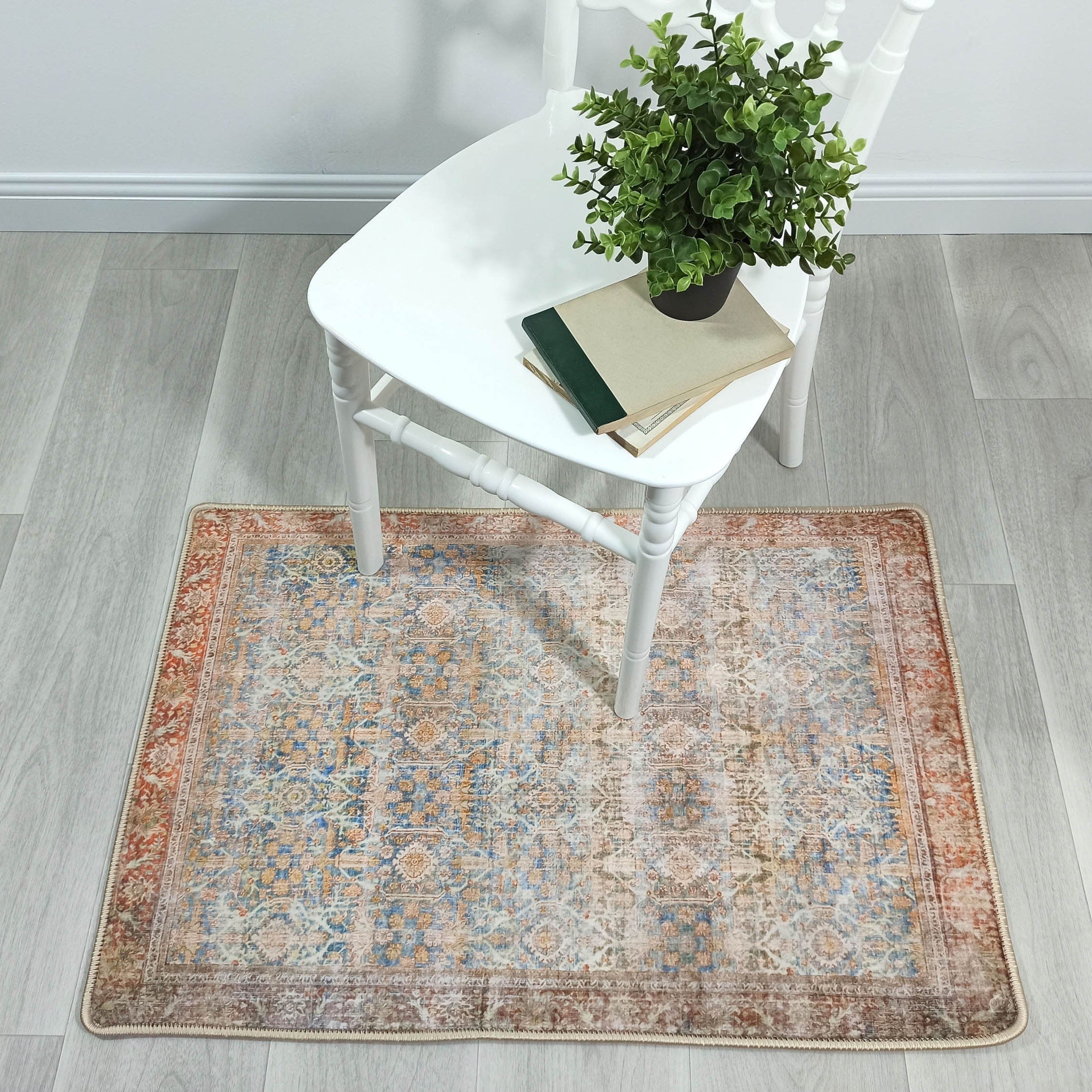 2x3 Persian Rug, Vintage Blue Terracotta Entryway Bedside Door Floor Mat Safe Non slip Bath Bathroom Kitchen Doormat Bohemian Decor Rugs