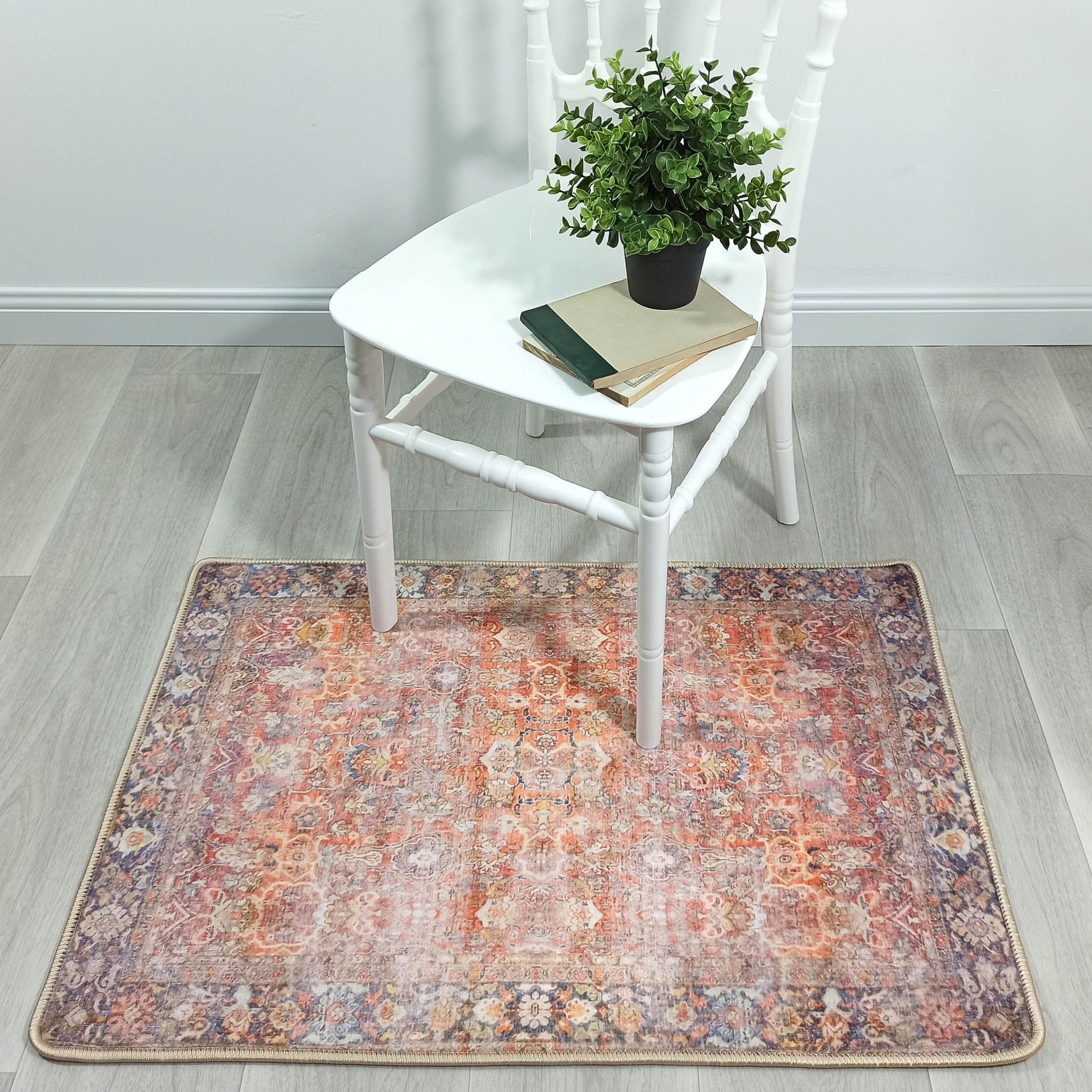 2x3 Persian Rug, Oriental Vintage Orange Terracotta Entryway Bedside Door Floor Mat Safe Non slip Bath Bedroom Kitchen Doormat Boho Soft Rug