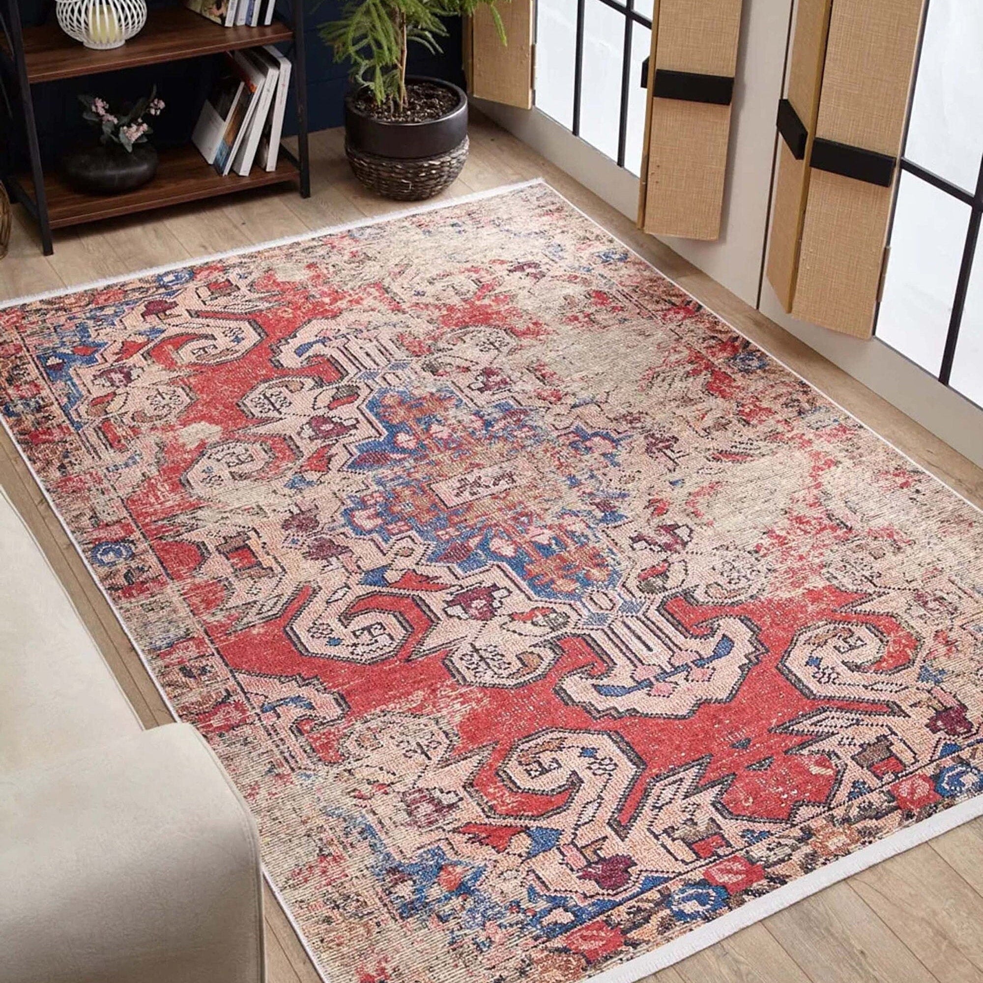 Elian Faded Blue Red Distressed Turkish 2x3 Rug