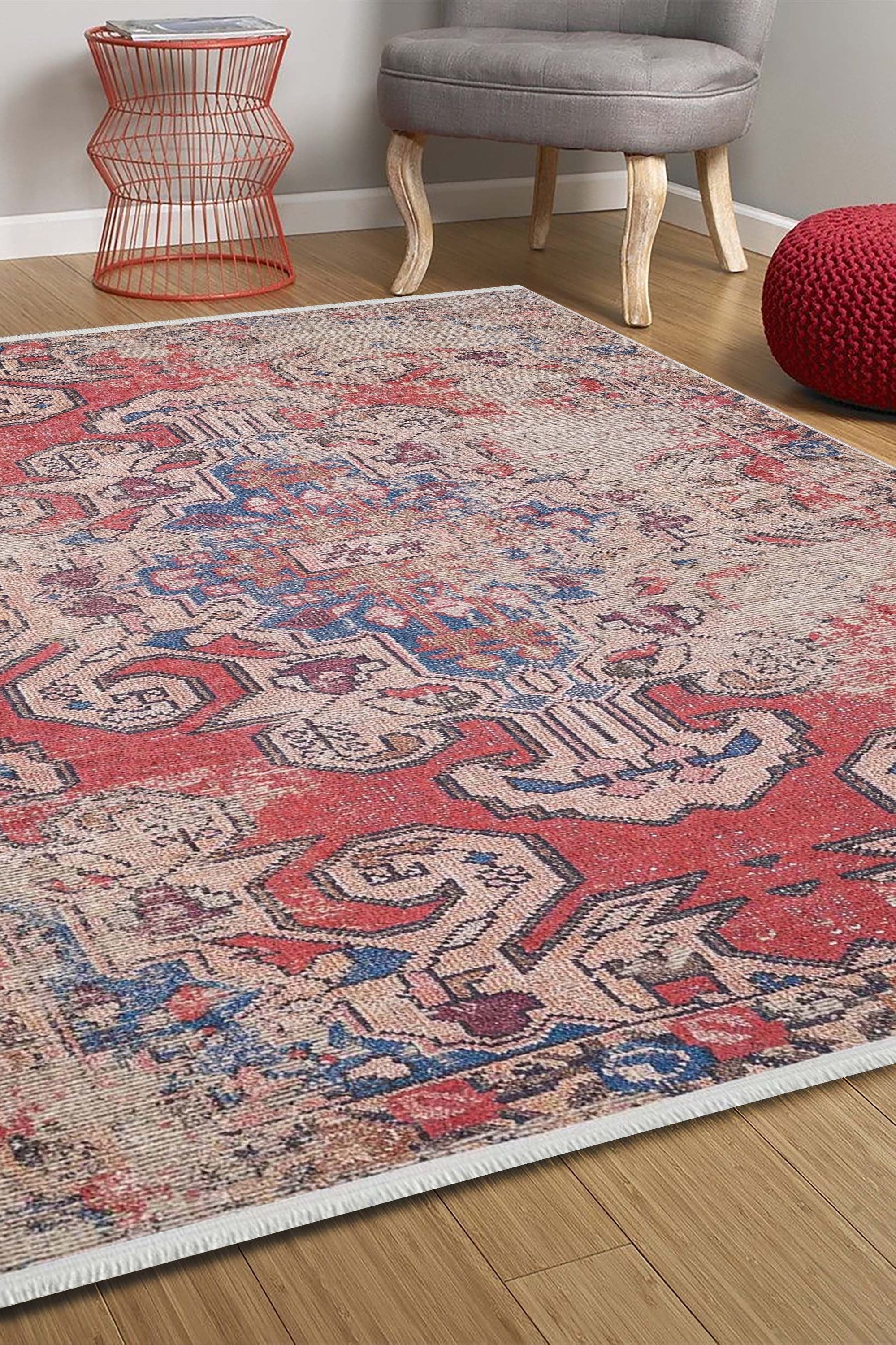 Elian Faded Blue Red Distressed Turkish 2x3 Rug
