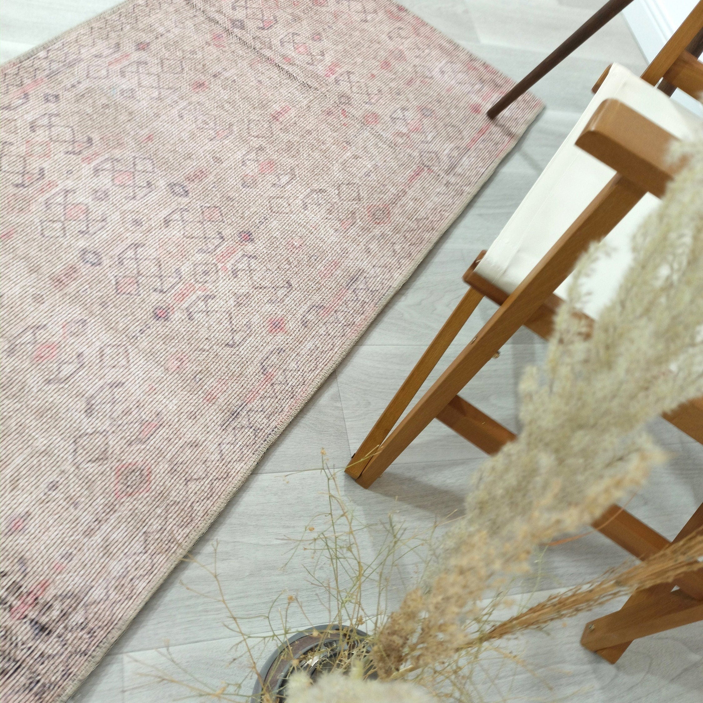 Turkish Rug Natural Beige Pink Vintage Kilim Style Area & Runner Rugs Fame Living Farmhouse Decor Boho Geometric Diamond Carpet