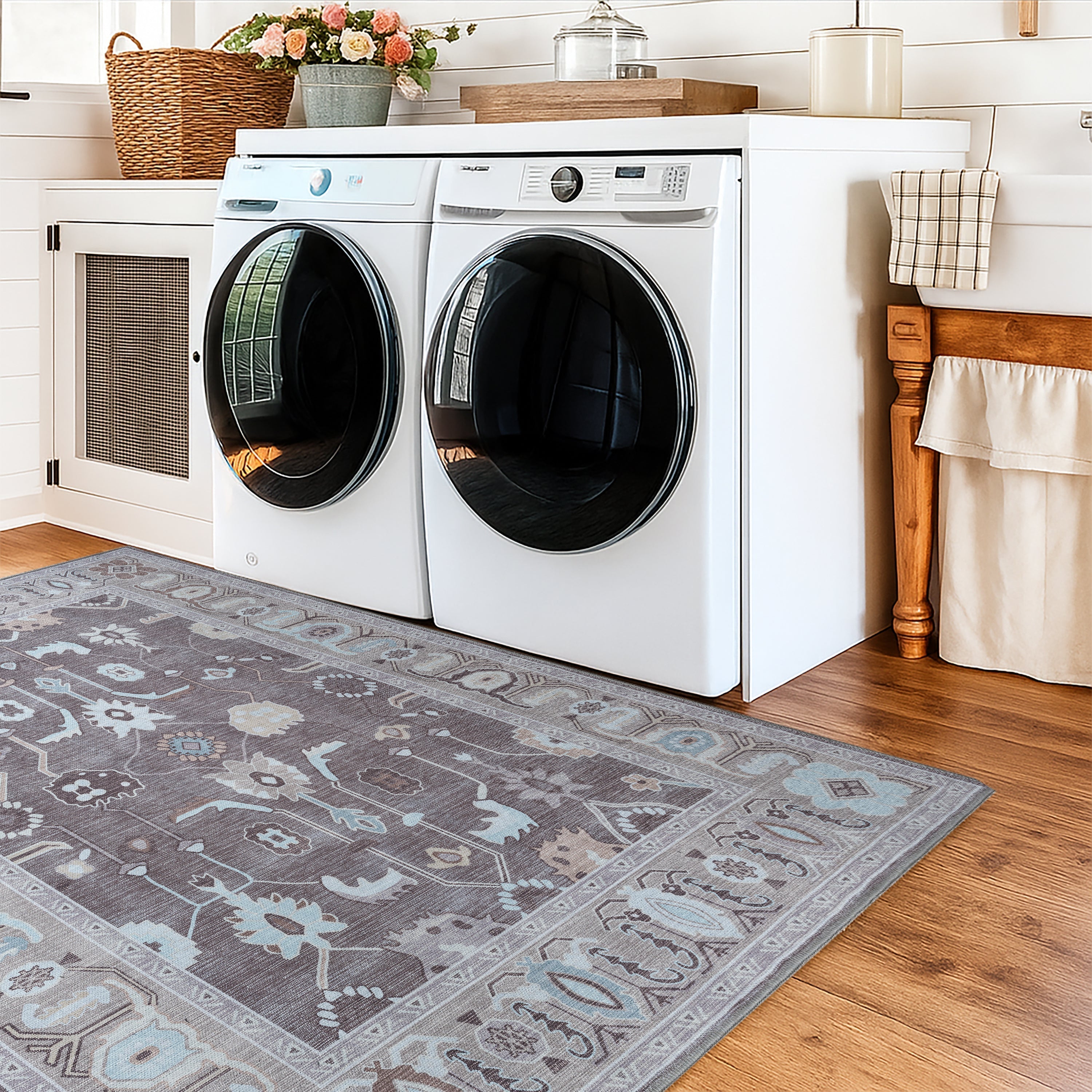 Washable rug with an elegant design styled in a laundry room, highlighting easy-care functionality and modern home décor.