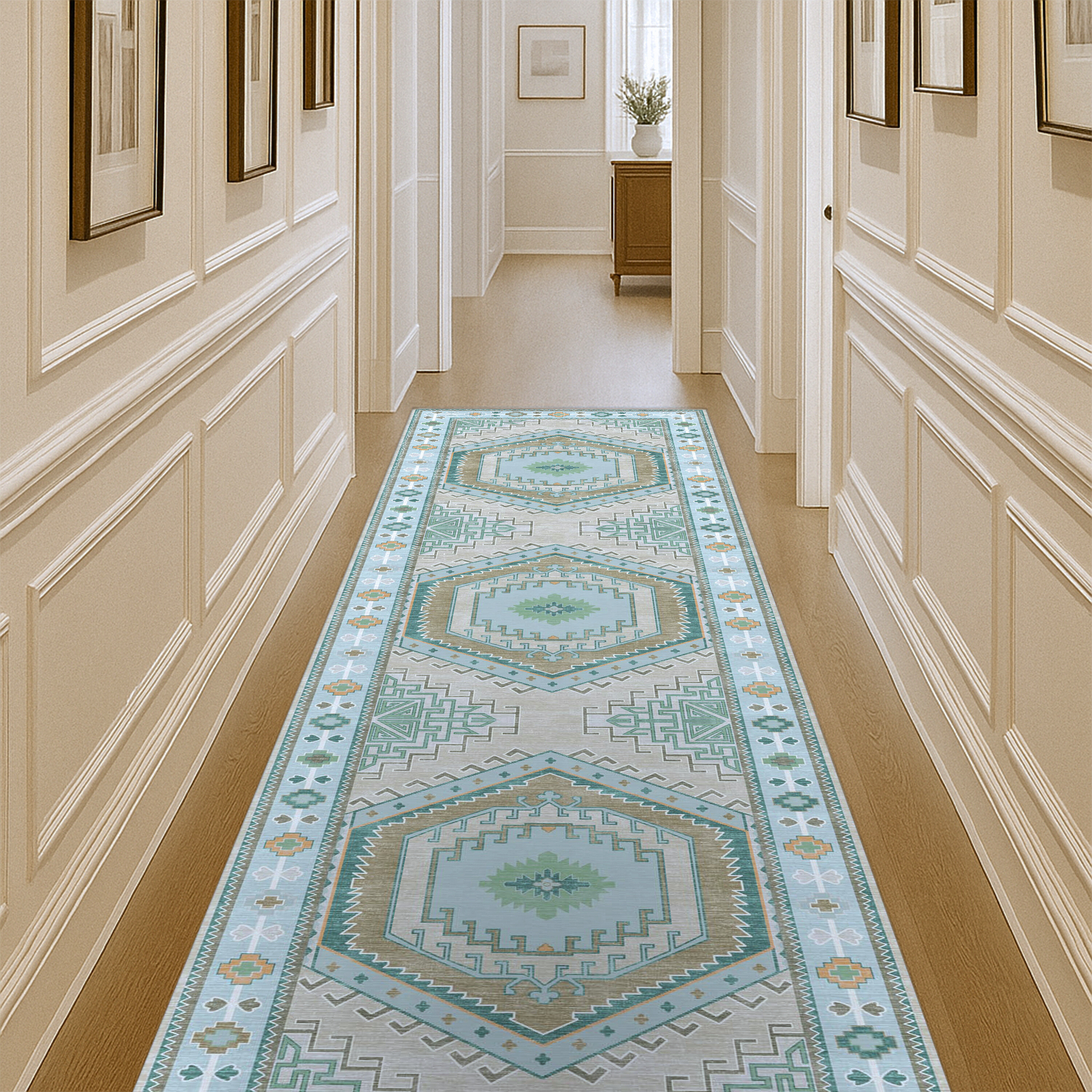 Hallway styled with a modern runner rug