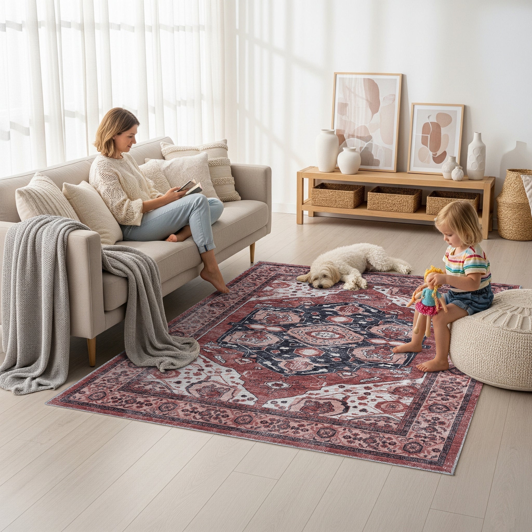 High-traffic living room featuring a Turkish area rug with a woman, child, and dog enjoying a cozy space