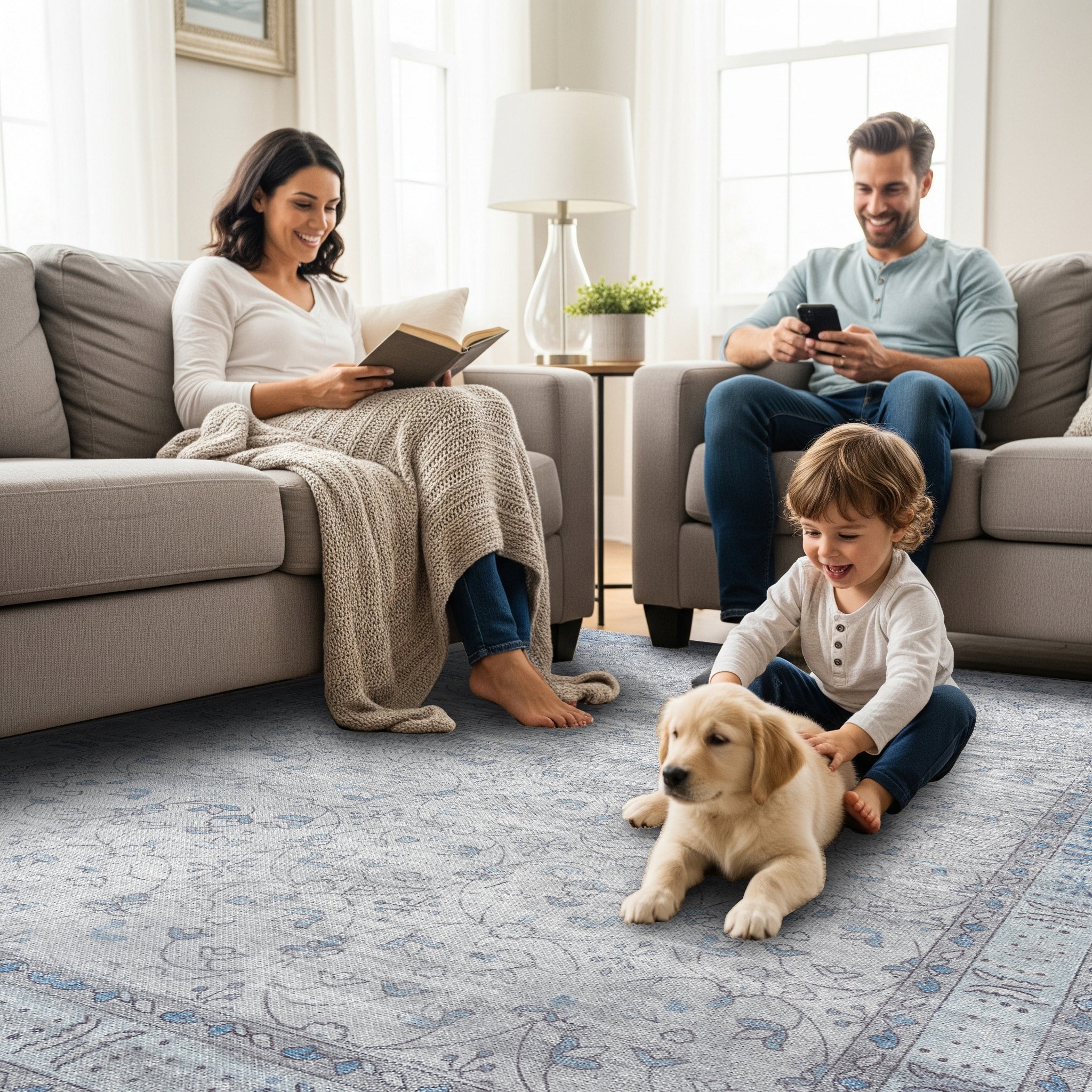 Family with child on a neutral washable area rug in a bright living room, showcasing a family-friendly, stain-resistant rug for summer homes.