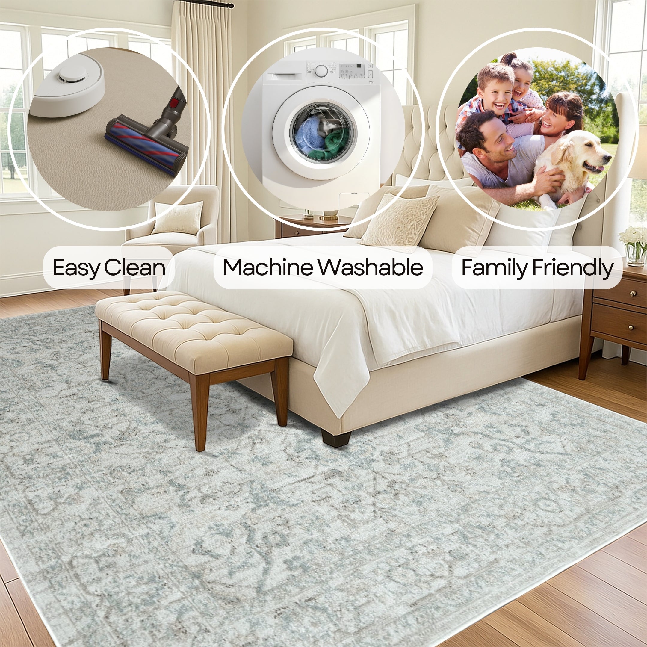 Cozy bedroom featuring a soft, neutral washable rug under the bed, adding warmth and comfort to the space with easy-to-clean practicality.