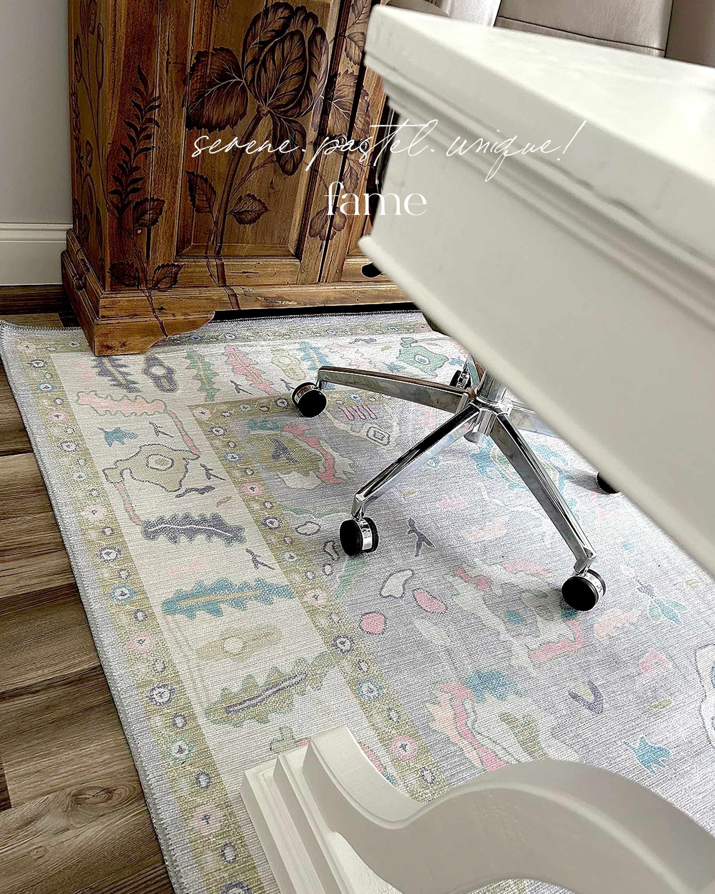 Neutral area rug in a modern home office improving comfort and sound absorption