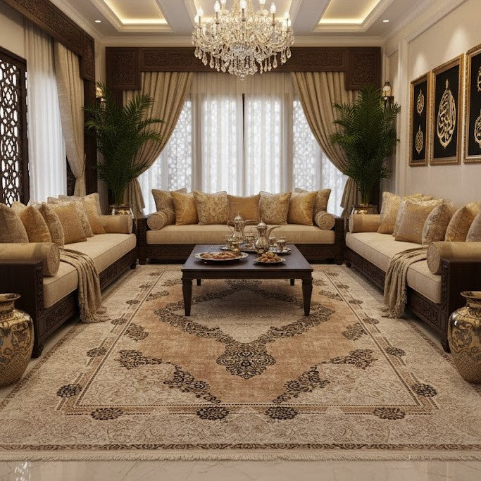 Traditional Bahrain majlis featuring a vibrant Turkish carpet