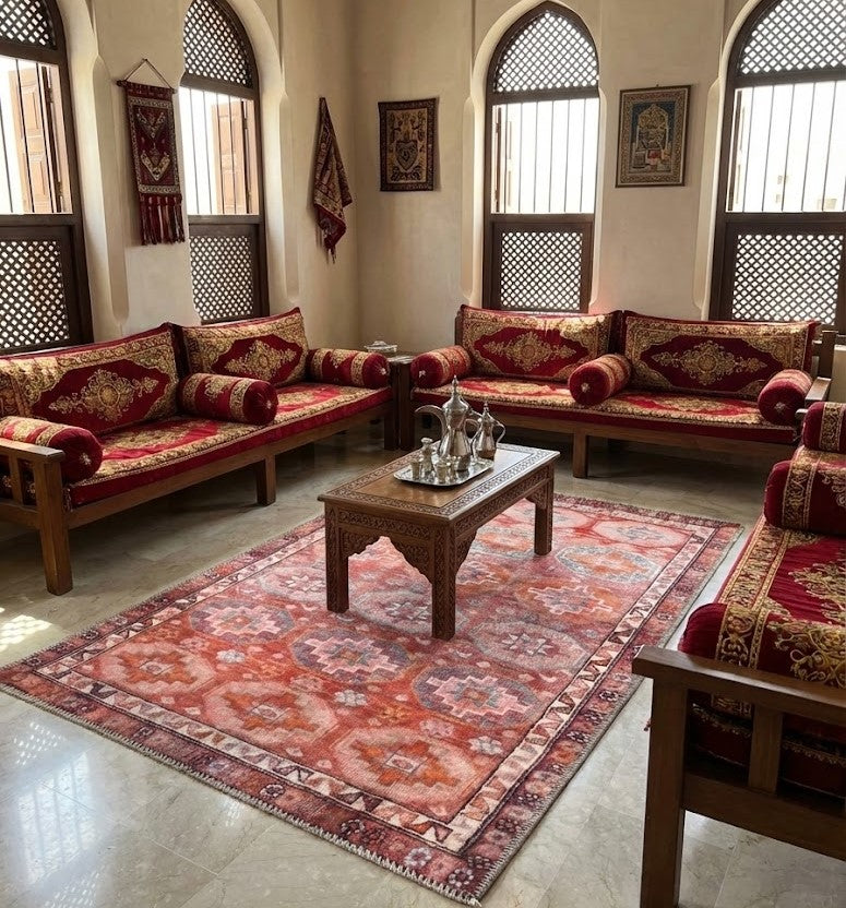 Bold Turkish carpet styled in a living room, showcasing premium design for online carpet shopping in Bahrain with free delivery.