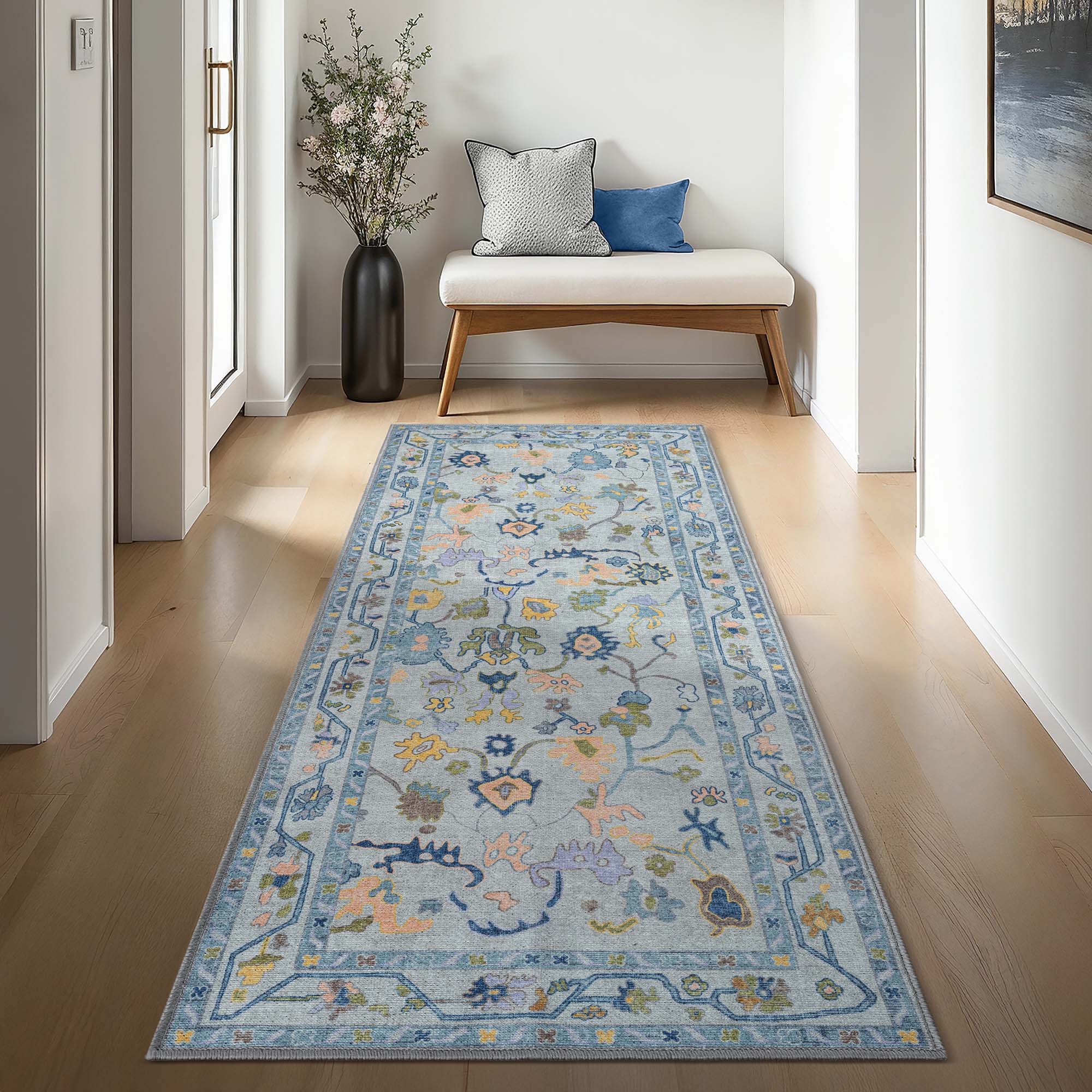 Floral hallway runner rug from Spring 2026 collection adding color to a bright entryway
