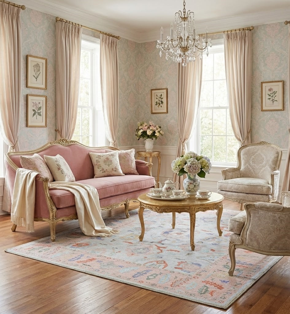 Blush floral area rug in a modern feminine living room with soft neutral decor